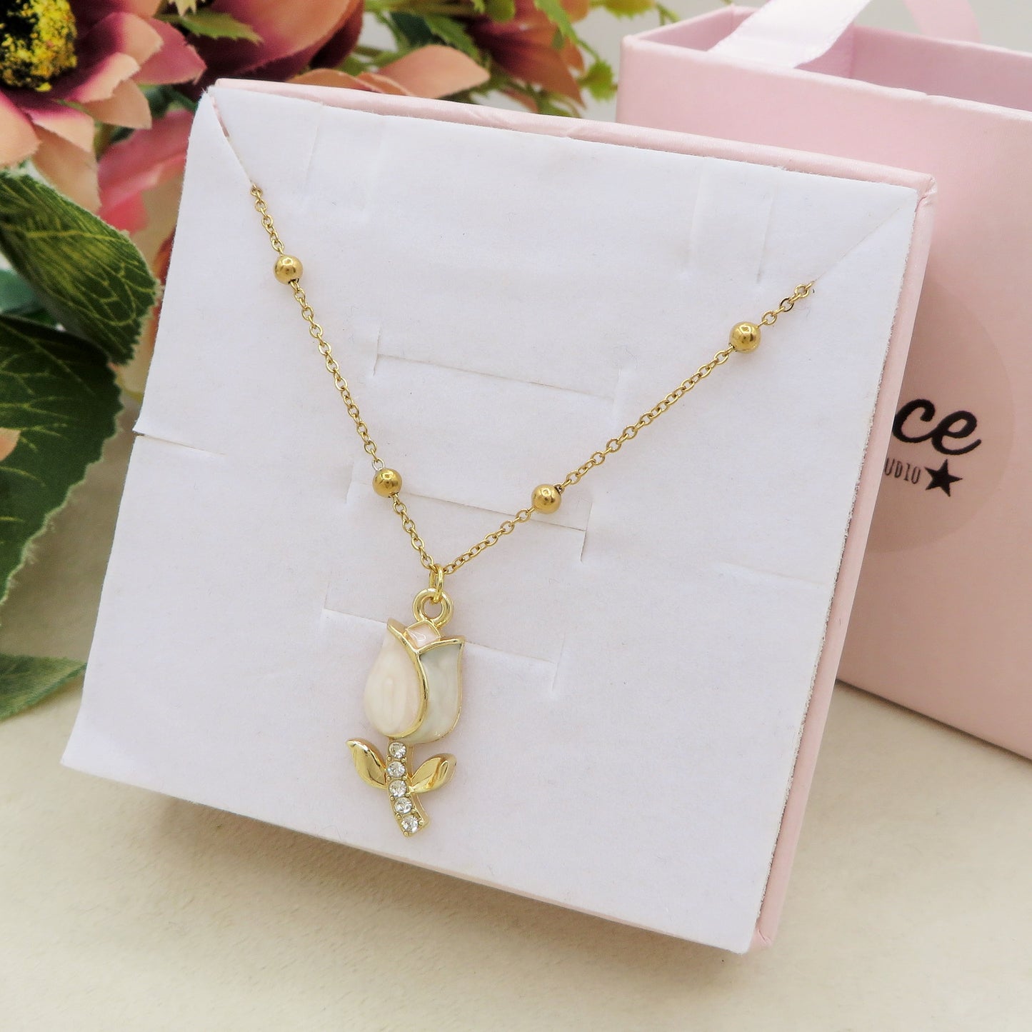 TULIP COLOURS GOLD - Collana ACCIAIO con tulipano smaltato e cubic zirconia