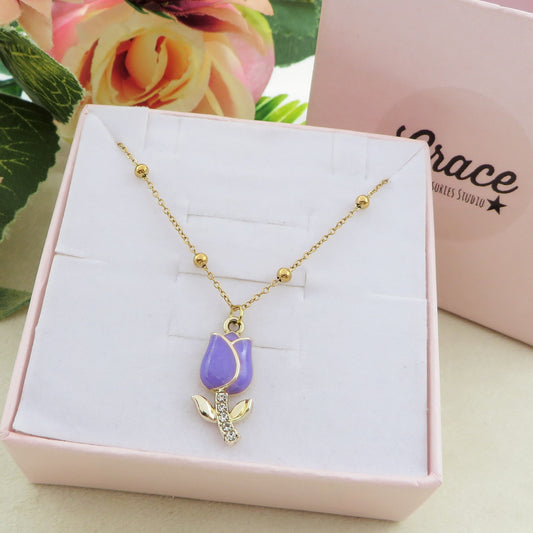 TULIP COLOURS GOLD - Collana ACCIAIO con tuliano smaltato e cubic zirconia