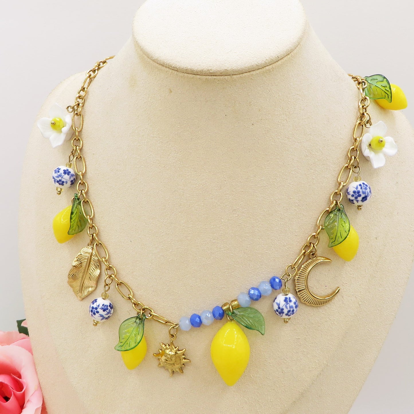KALIMERA COLLANA - ACCIAIO inossidabile - Collana catena charms frutta LIMONI, SOLE, LUNA, MAIOLICA