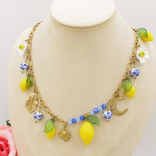 KALIMERA COLLANA - ACCIAIO inossidabile - Collana catena charms frutta LIMONI, SOLE, LUNA, MAIOLICA