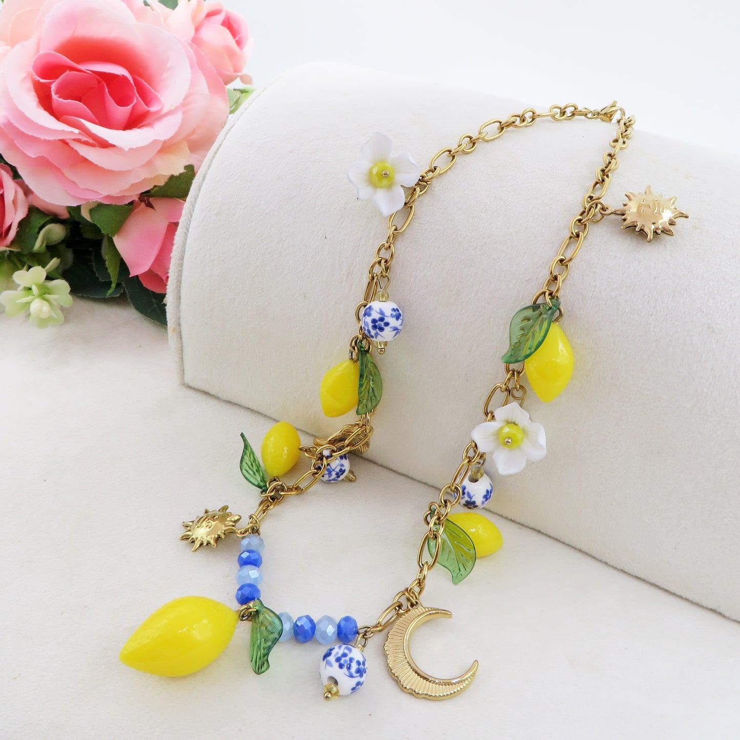KALIMERA COLLANA - ACCIAIO inossidabile - Collana catena charms frutta LIMONI, SOLE, LUNA, MAIOLICA
