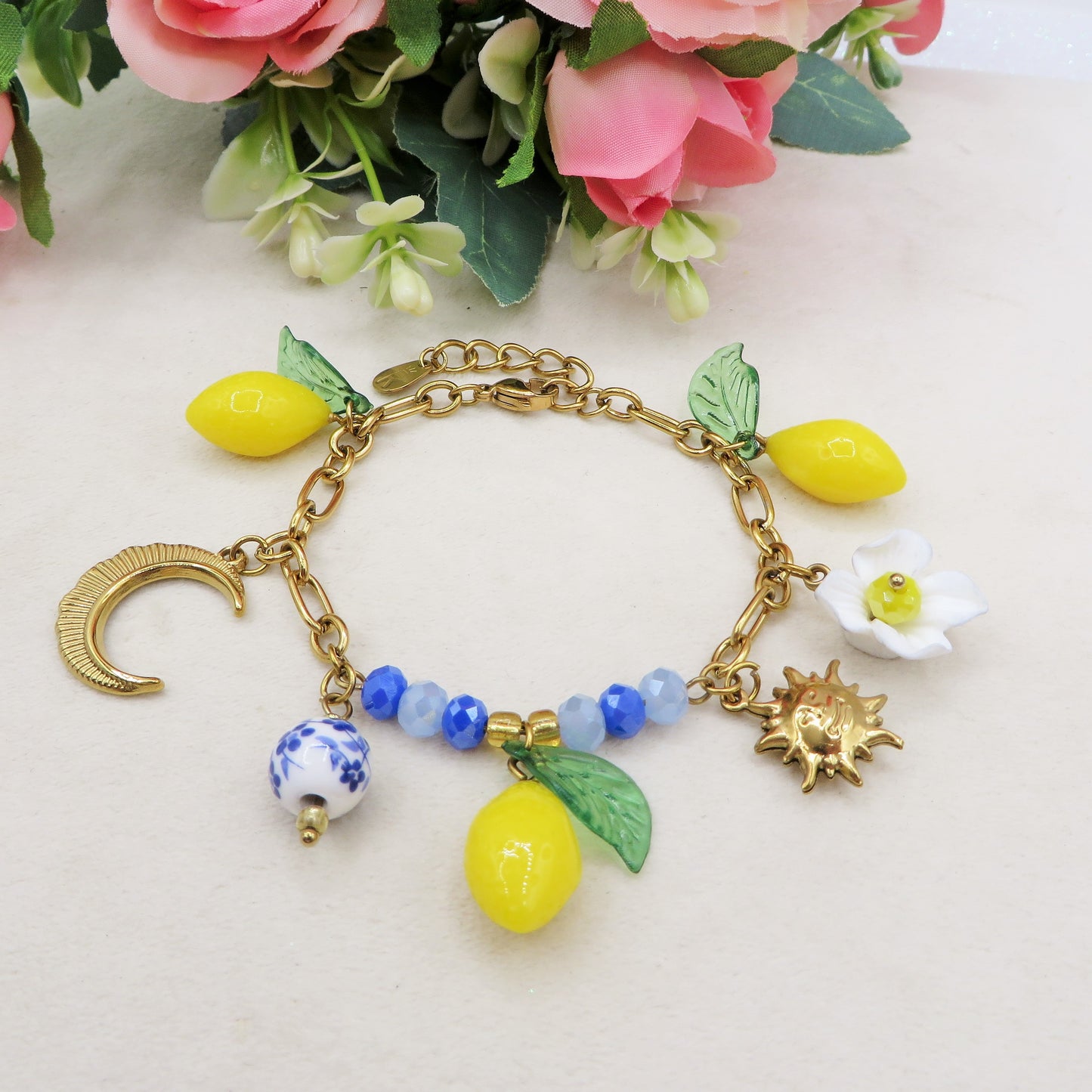 KALIMERA BRACELET  - ACCIAIO inossidabile - Bracciale catena charms frutta LIMONI, SOLE, LUNA, MAIOLICA