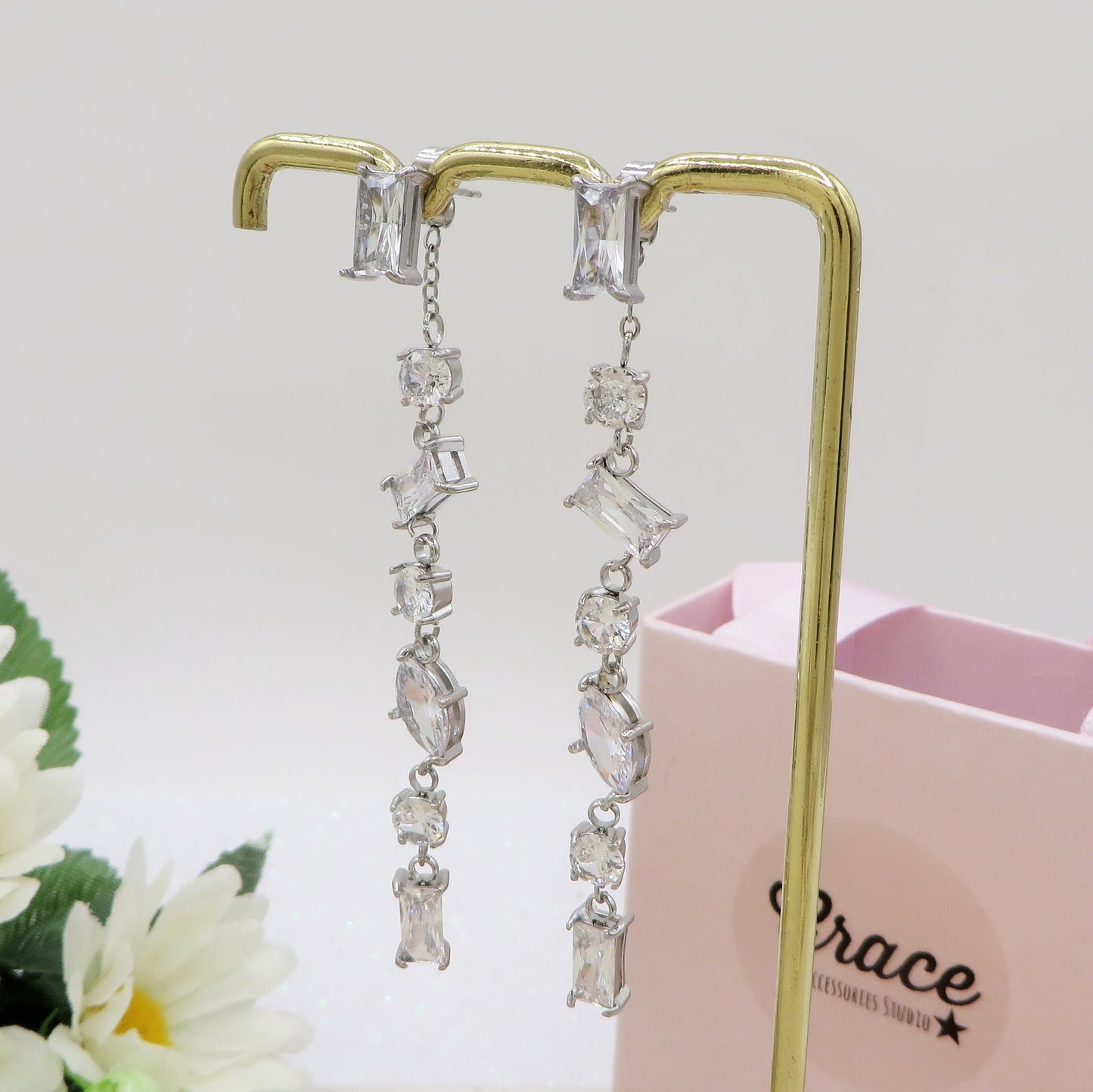 GLOWY ~ paio Orecchini ACCIAIO INOSSIDABILE pendenti pietre cubic zirconia stile saliscendi