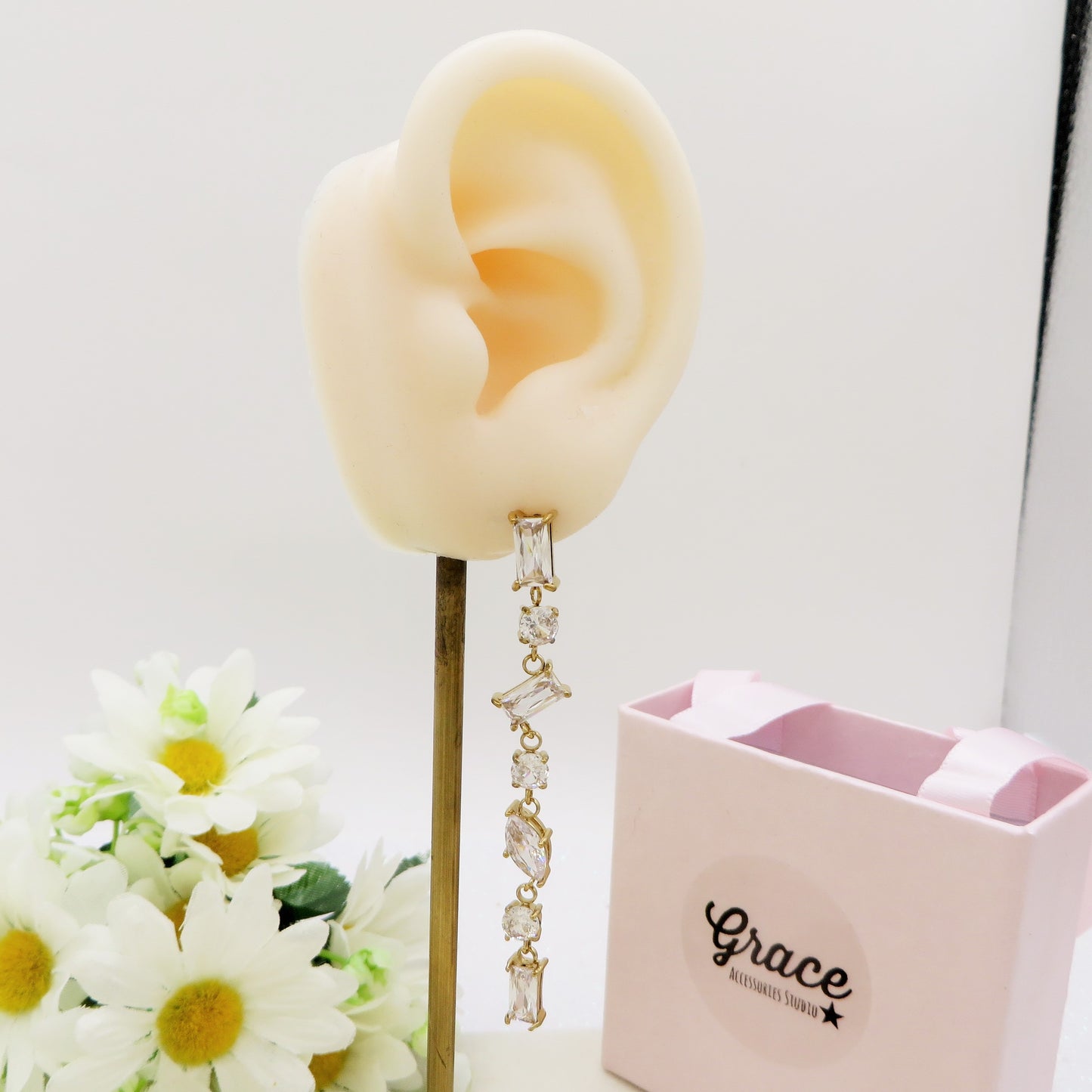 GLOWY ~ paio Orecchini ACCIAIO INOSSIDABILE pendenti pietre cubic zirconia stile saliscendi