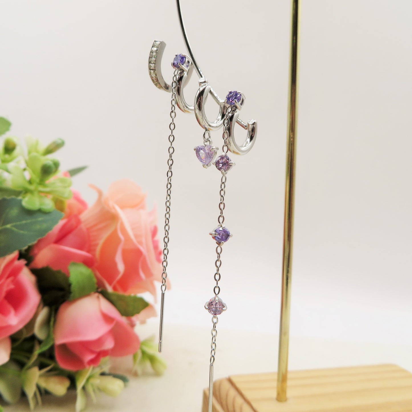 FAIRY EARCUFF ~ ACCIAIO Inossidabile orecchino integrale SENZA FORI con cuori e cubic zirconia