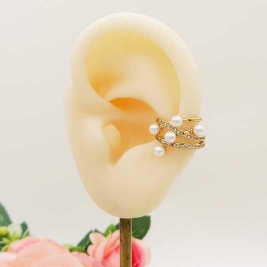 AMARYLLIS PEARLS EARCUFF ~ ACCIAIO Inossidabile orecchino Senza buco con fiori, perle e cubic zirconia