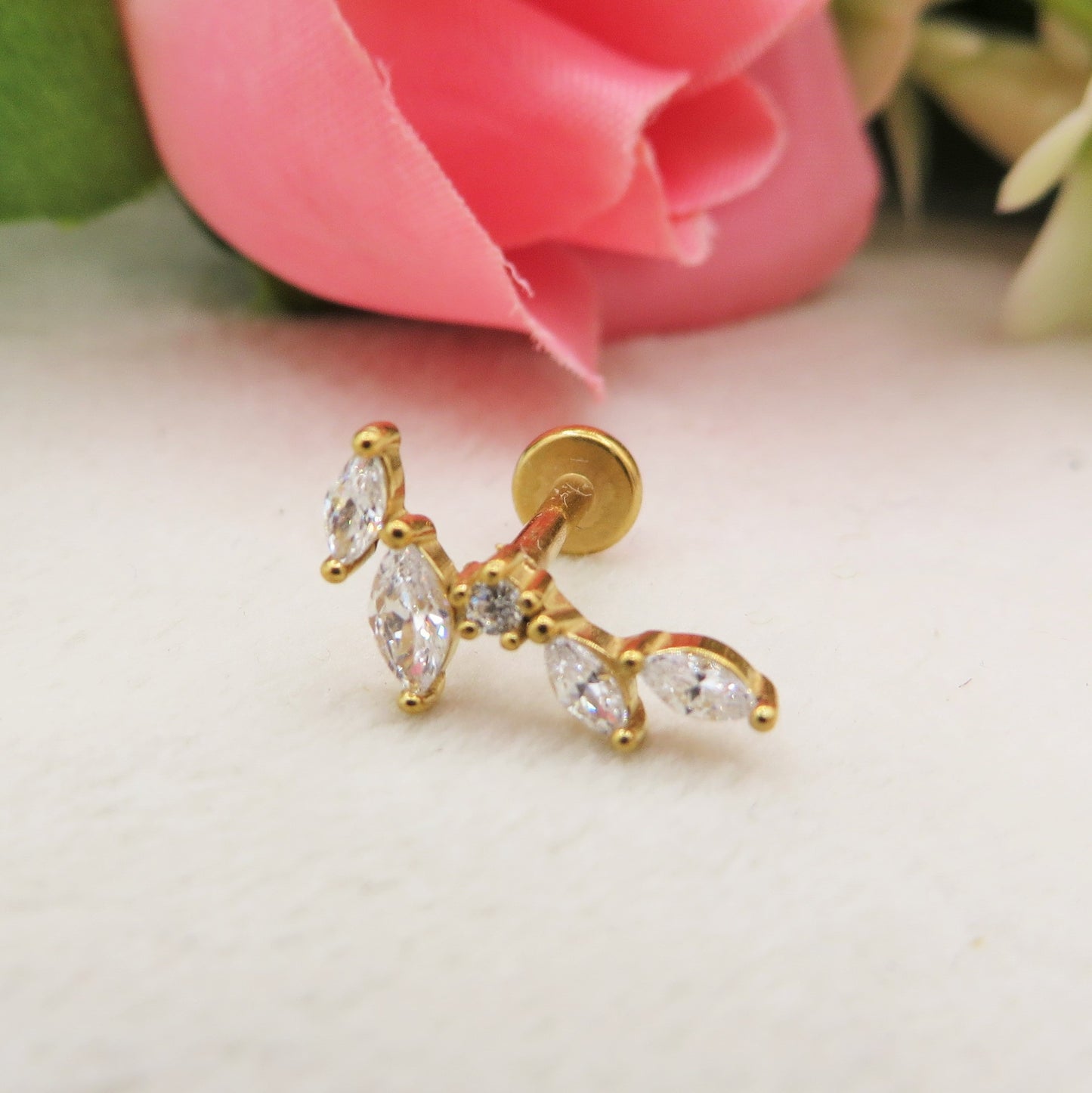 LOTH PIERCING con foglioline - ACCIAIO INOSSIDABILE chirurgico 316L - con cubic zirconia per Helix, Trago, Flat e Lobo