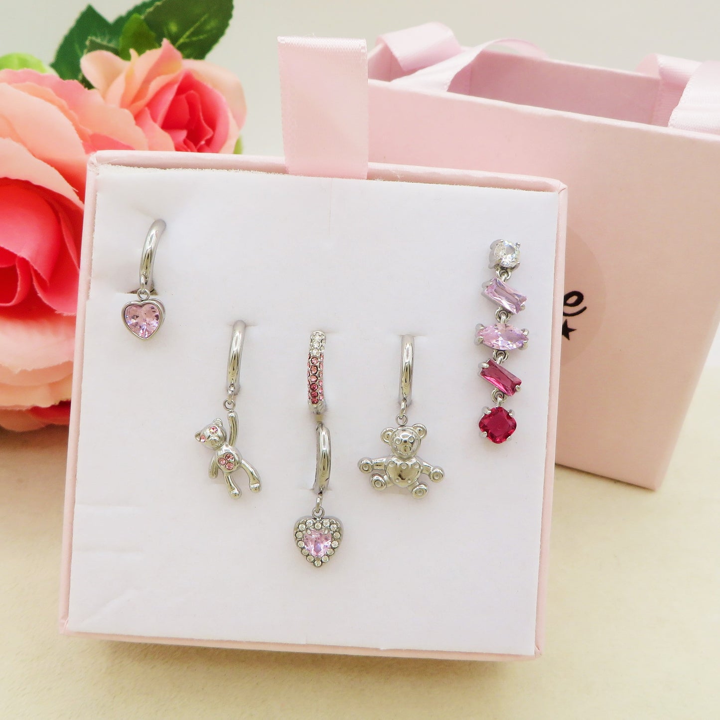 GLOWY  SET - ACCIAIO INOSSIDABILE - 6 Orecchini pendenti in cubic zirconia