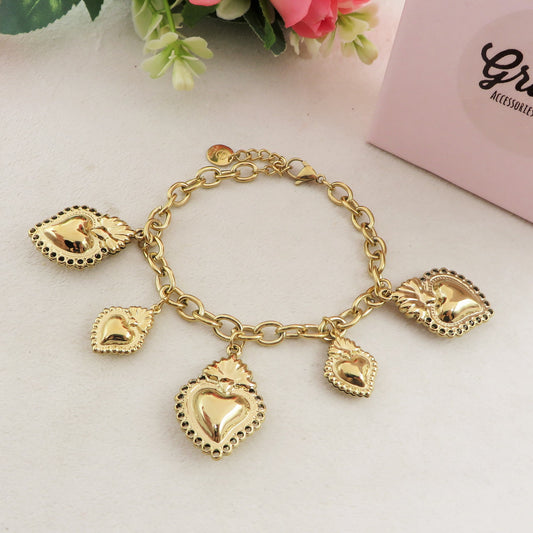 SACRED CHARMS ~ Bracciale ACCIAIO INOSSIDABILE con pendenti maxi e medi cuore sacro