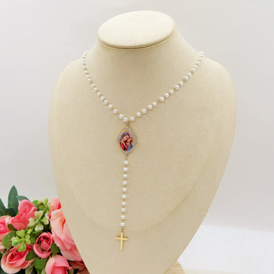 DIVINE ROSARY ~ ACCIAIO INOSSIDABILE - Collana rosario con perle, croce e madonnina + cubic zirconia