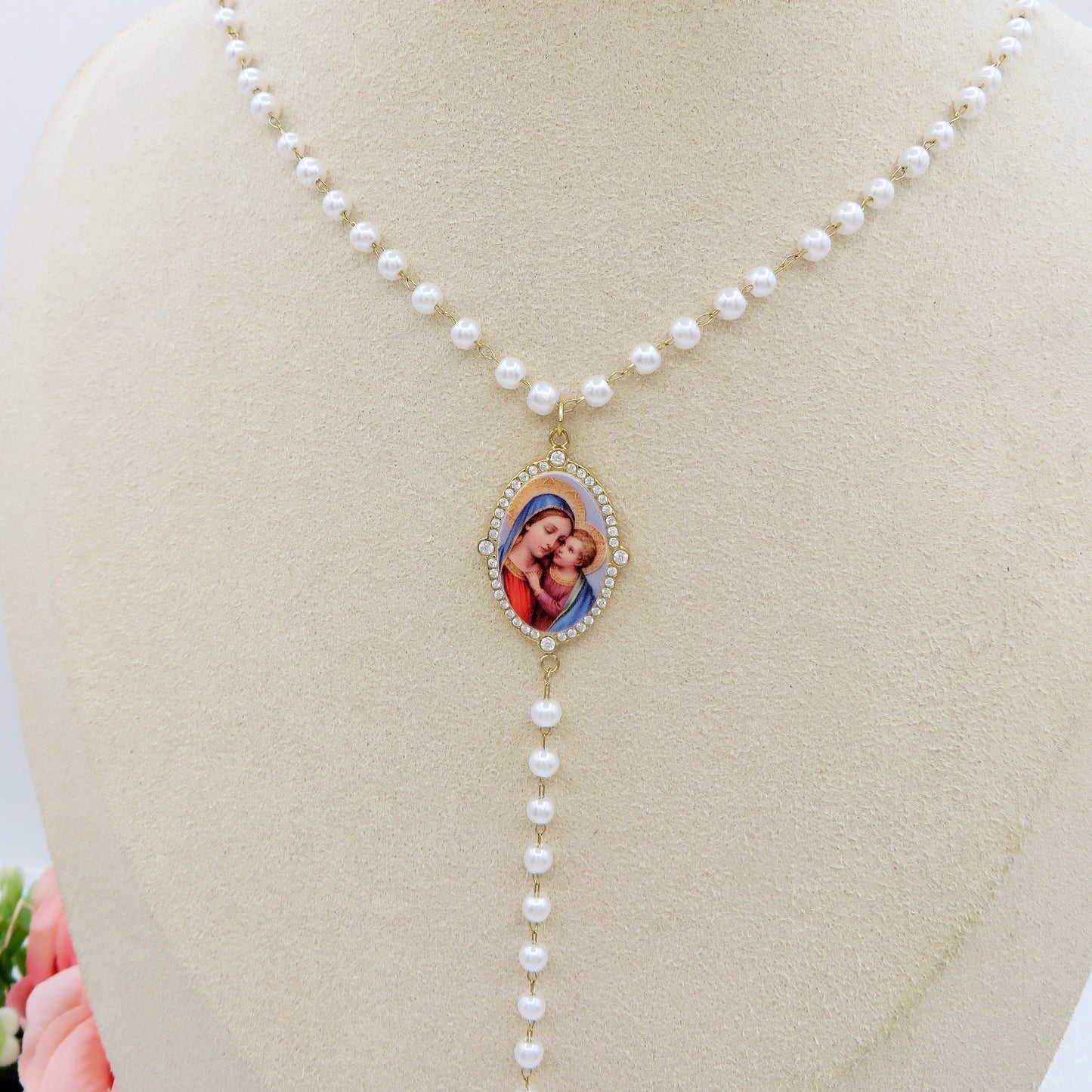 DIVINE ROSARY ~ ACCIAIO INOSSIDABILE - Collana rosario con perle, croce e madonnina + cubic zirconia