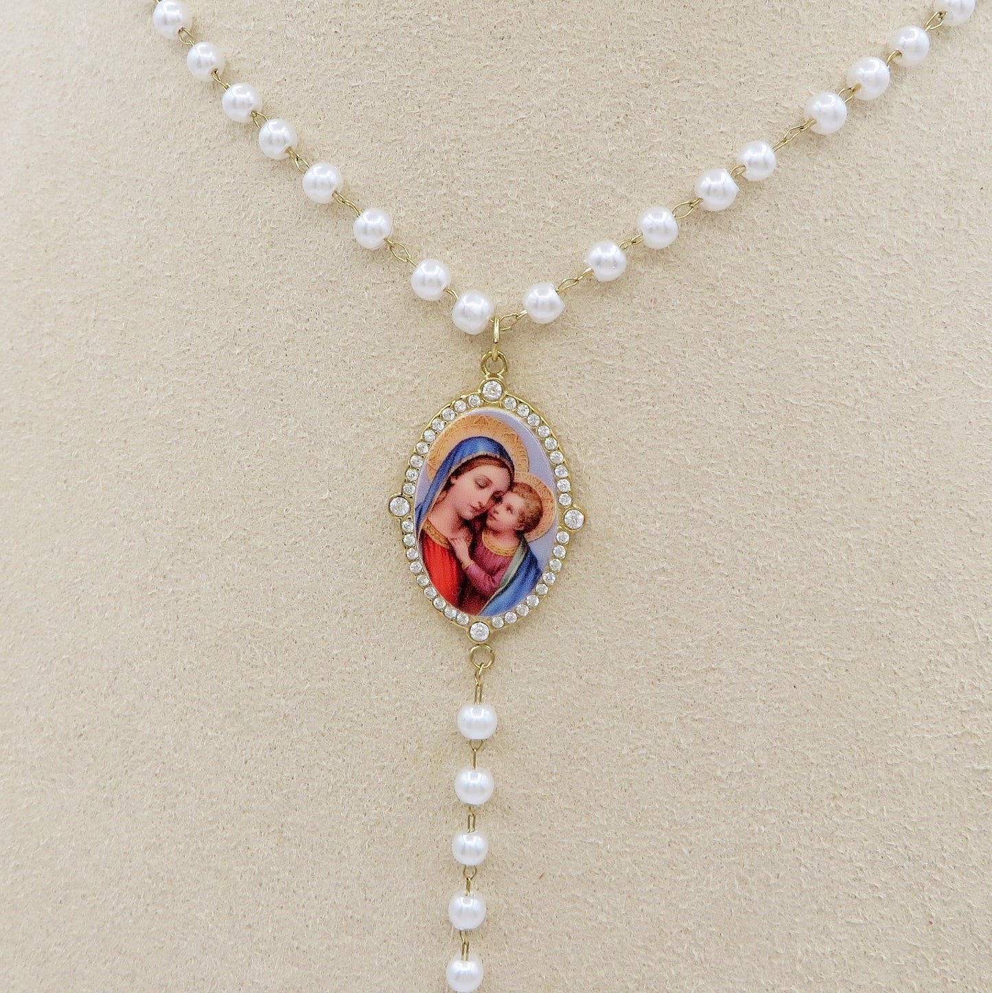 DIVINE ROSARY ~ ACCIAIO INOSSIDABILE - Collana rosario con perle, croce e madonnina + cubic zirconia