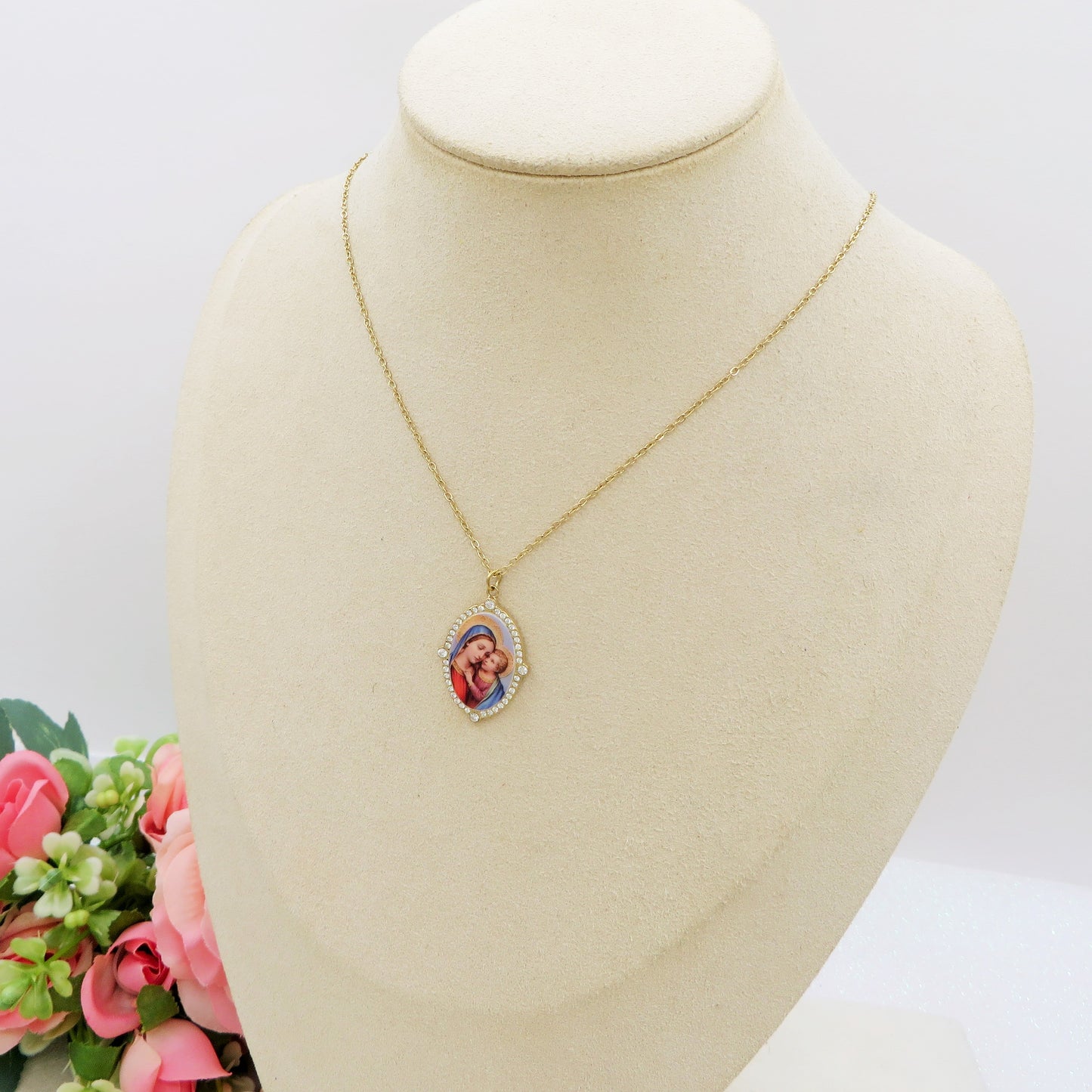 DIVINE ~ ACCIAIO INOSSIDABILE - Collana con madonnina + CUBIC ZIRCONIA