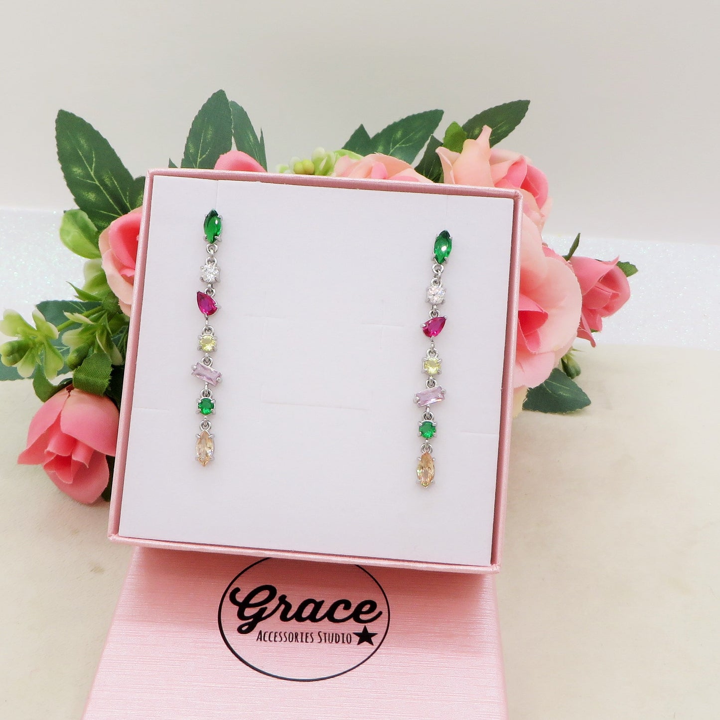 GLOWY DROP ~ paio Orecchini ACCIAIO INOSSIDABILE pendenti con pietre in cubic zirconia