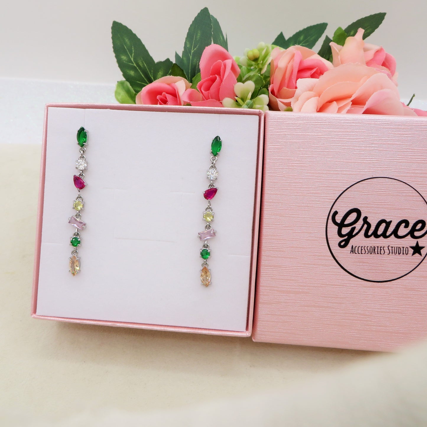GLOWY DROP ~ paio Orecchini ACCIAIO INOSSIDABILE pendenti con pietre in cubic zirconia