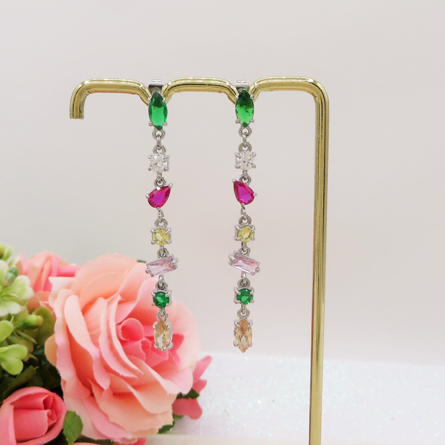 GLOWY DROP ~ paio Orecchini ACCIAIO INOSSIDABILE pendenti con pietre in cubic zirconia