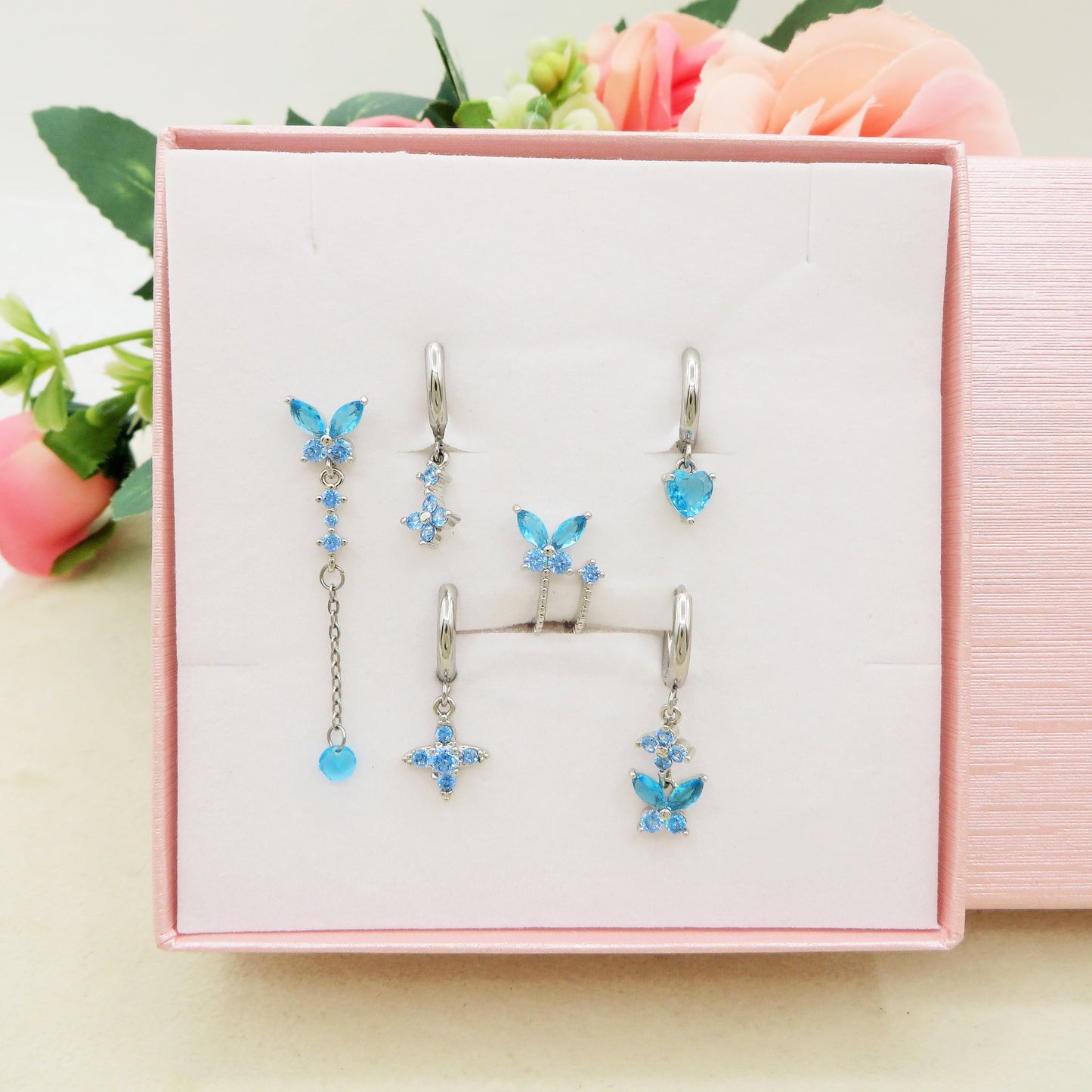 BUTTERFLY Set 6 orecchini AZURE - ACCIAIO INOSSIDABILE - 6 Orecchini pendenti con cubic zirconia