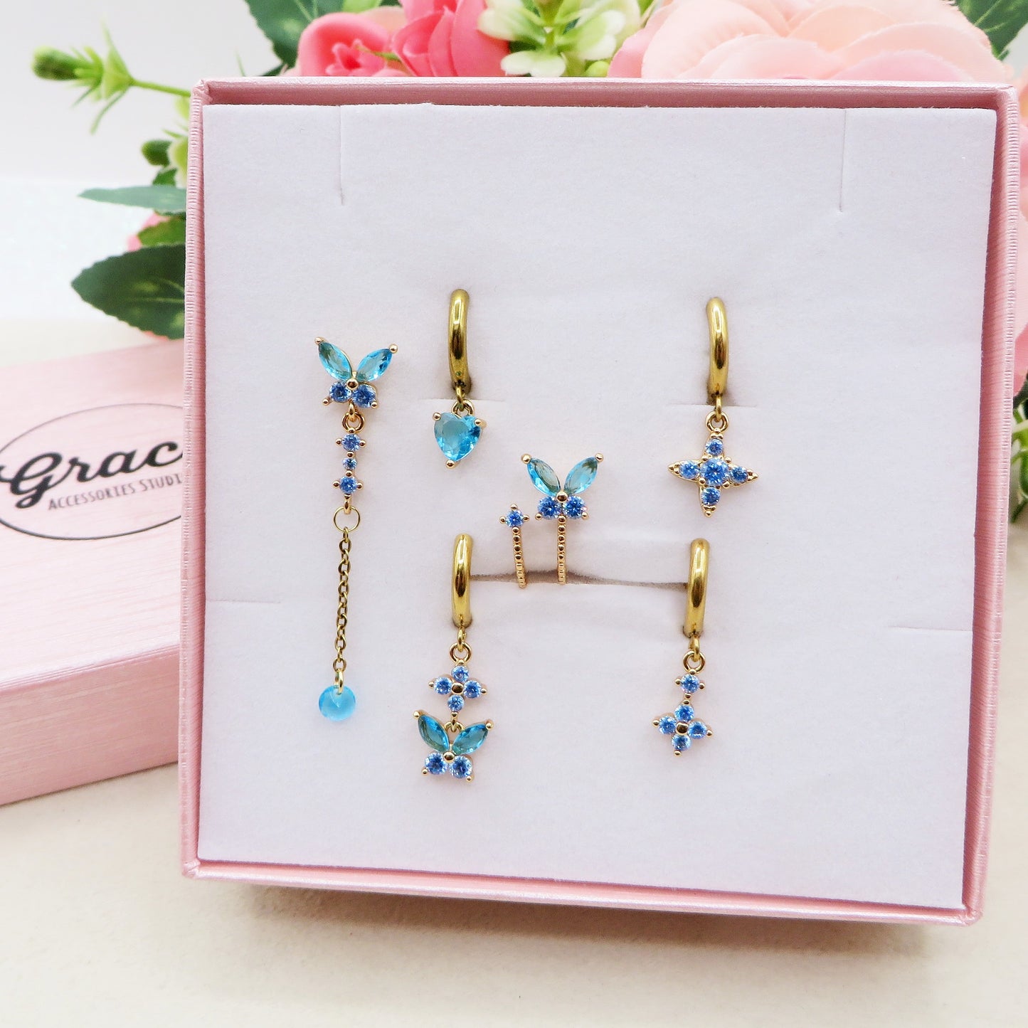 BUTTERFLY Set 6 orecchini AZURE - ACCIAIO INOSSIDABILE - 6 Orecchini pendenti con cubic zirconia
