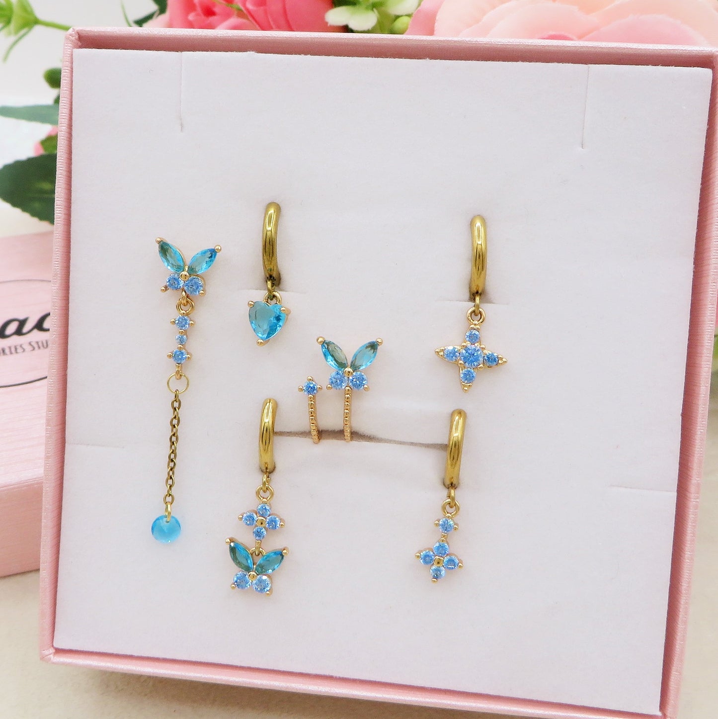 BUTTERFLY Set 6 orecchini AZURE - ACCIAIO INOSSIDABILE - 6 Orecchini pendenti con cubic zirconia