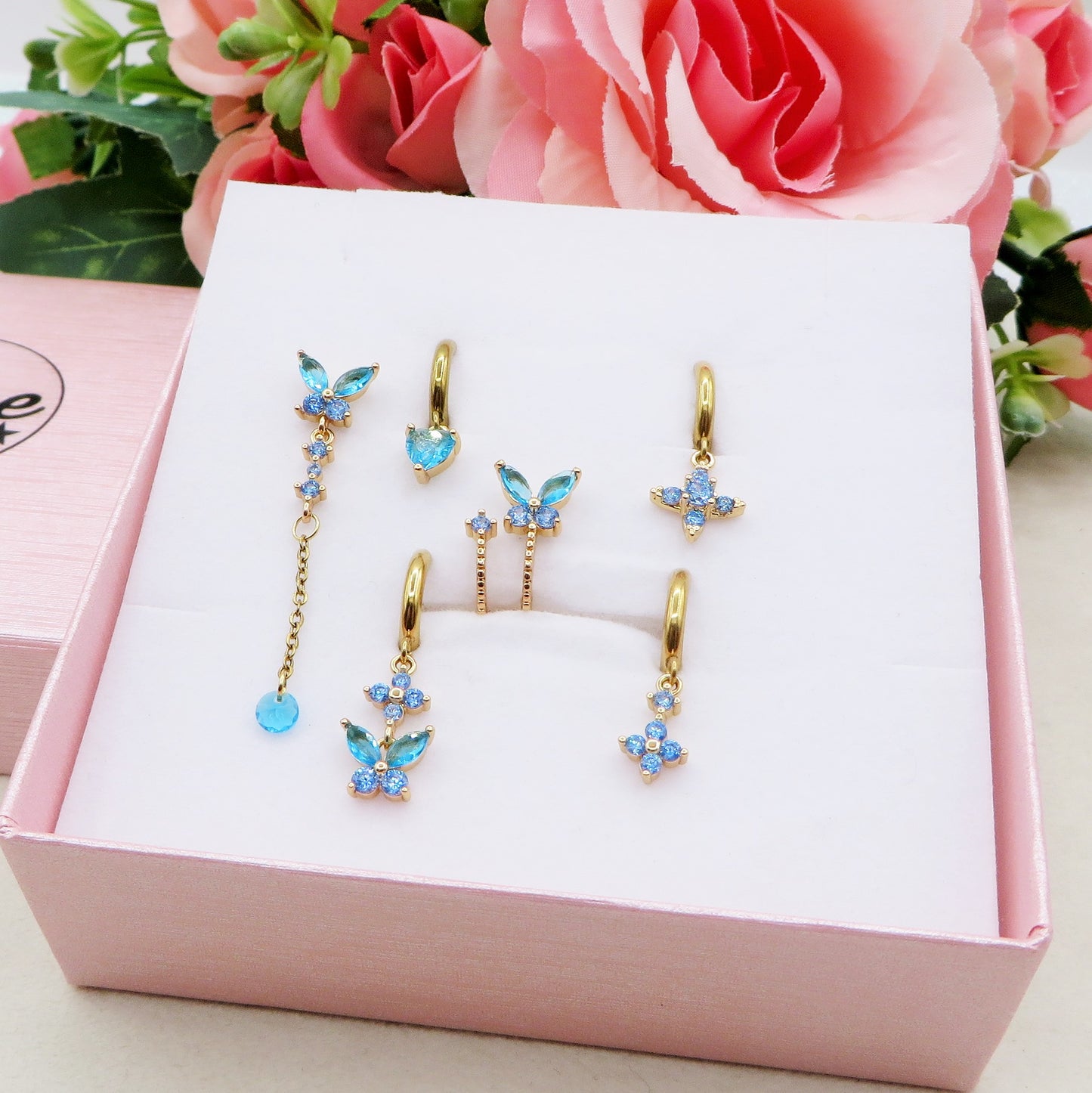BUTTERFLY Set 6 orecchini AZURE - ACCIAIO INOSSIDABILE - 6 Orecchini pendenti con cubic zirconia