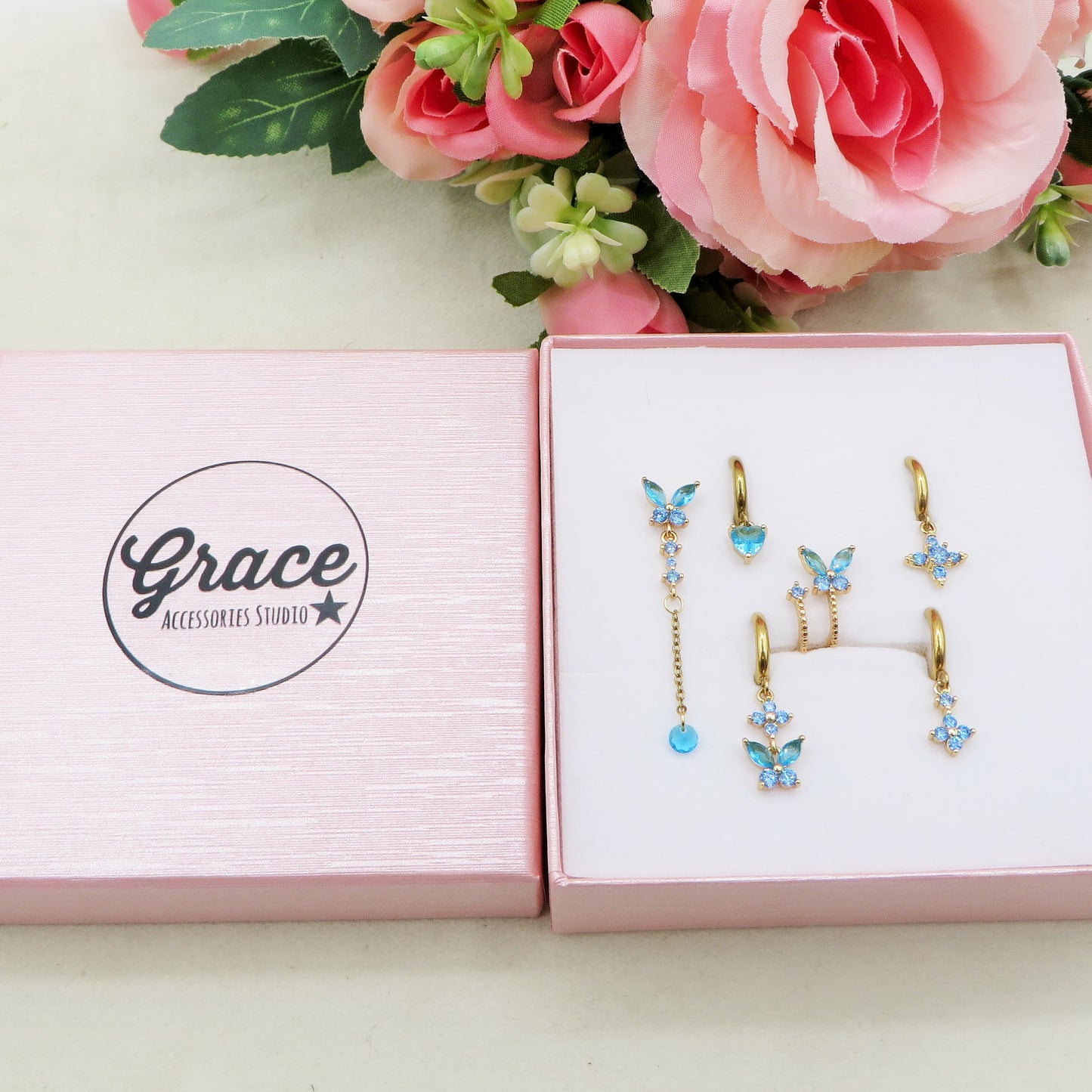 BUTTERFLY Set 6 orecchini AZURE - ACCIAIO INOSSIDABILE - 6 Orecchini pendenti con cubic zirconia
