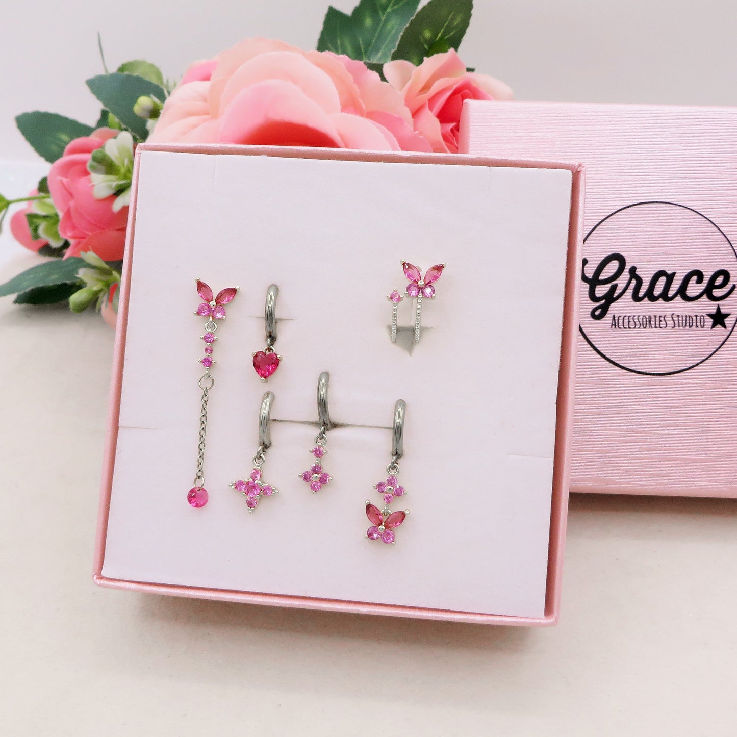 BUTTERFLY Set 6 orecchini  - ACCIAIO INOSSIDABILE - 6 Orecchini pendenti con cubic zirconia