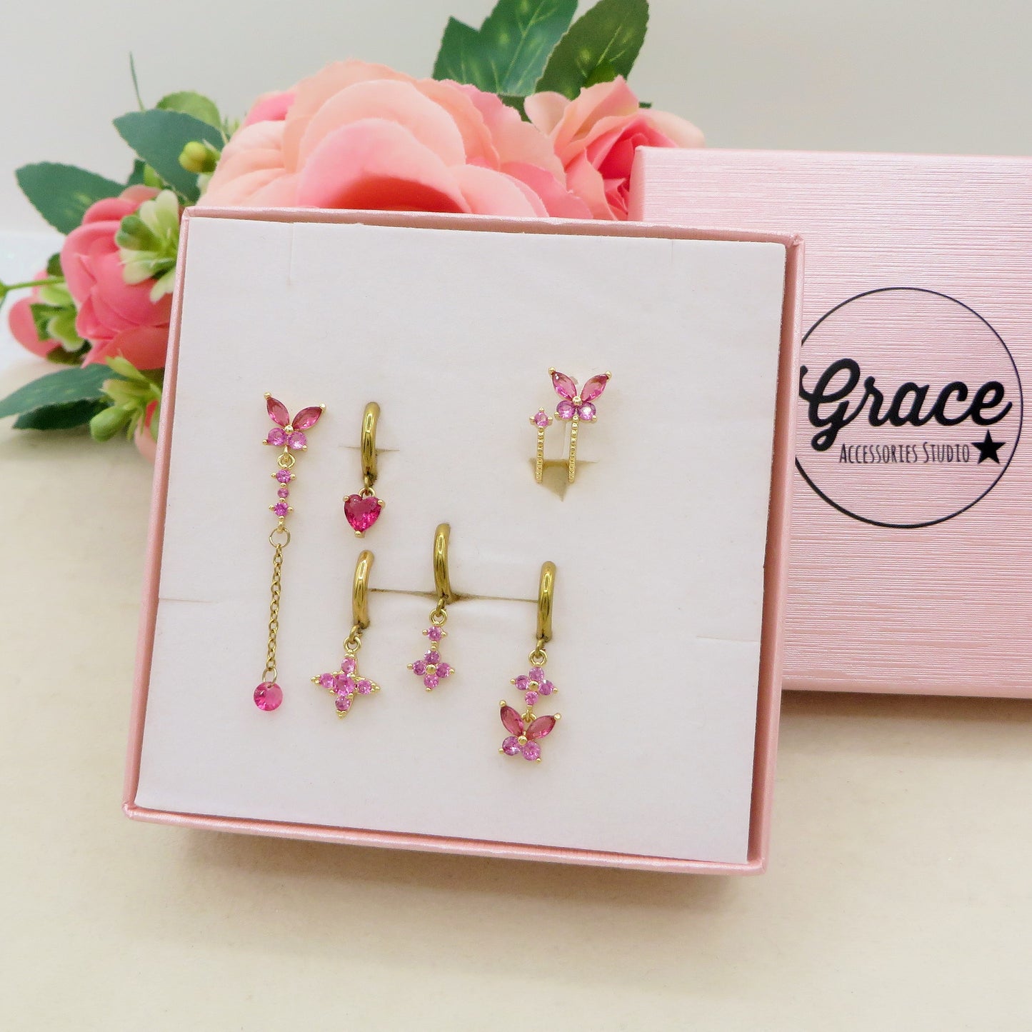 BUTTERFLY Set 6 orecchini  - ACCIAIO INOSSIDABILE - 6 Orecchini pendenti con cubic zirconia
