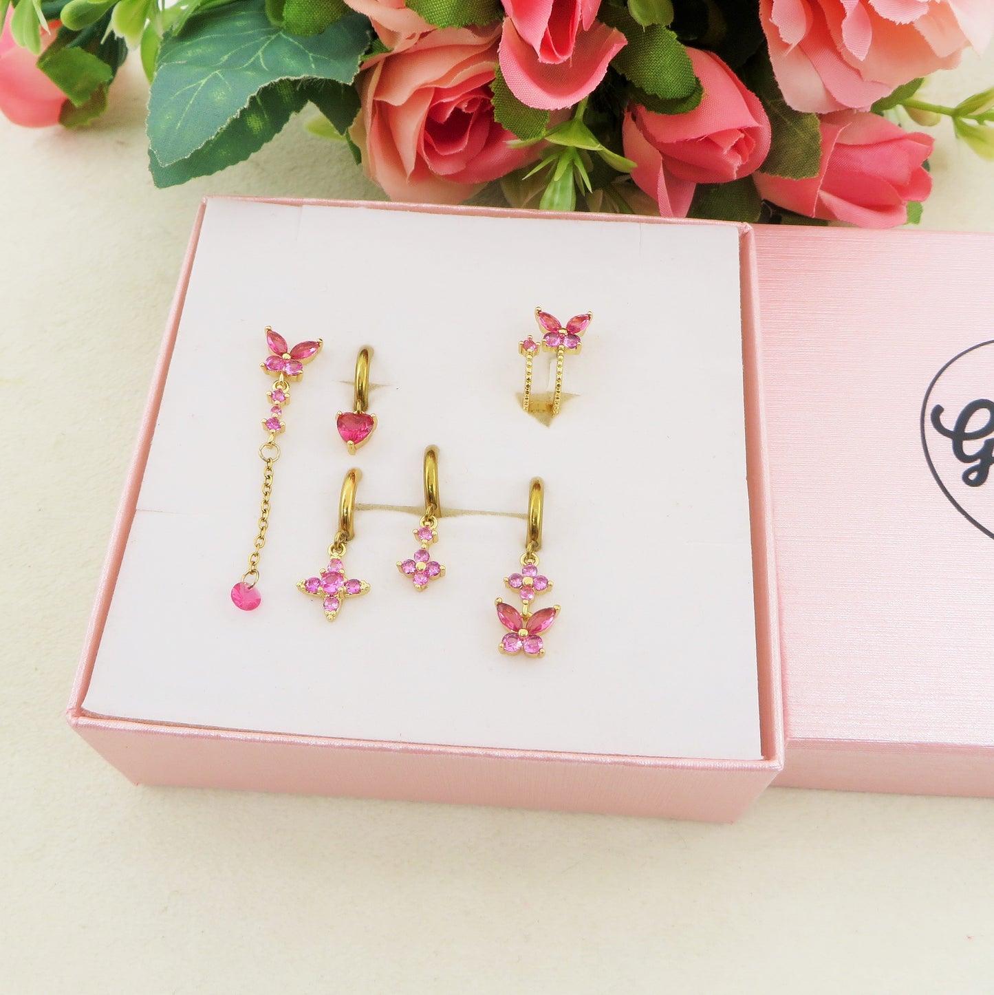 BUTTERFLY Set 6 orecchini  - ACCIAIO INOSSIDABILE - 6 Orecchini pendenti con cubic zirconia