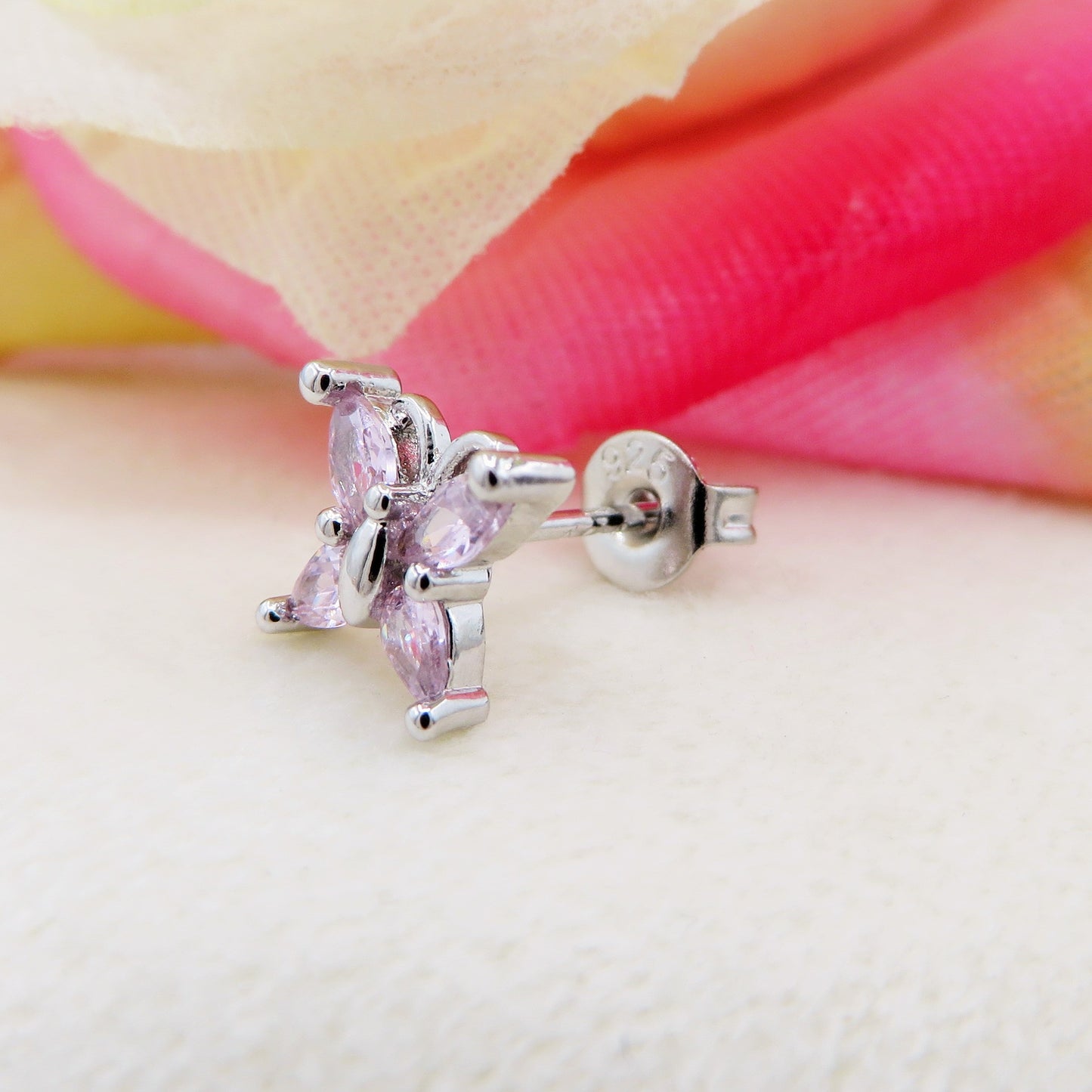 BUTTERFLY STUD ~ Orecchino ARGENTO 925 a lobo con farfalla cubic zirconia
