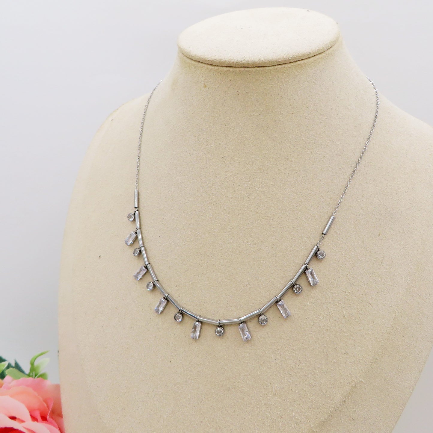 NATALIE ~ Tennis Choker doppio girocollo in ACCIAIO INOSSIDABILE con cubic zirconia taglio baguette