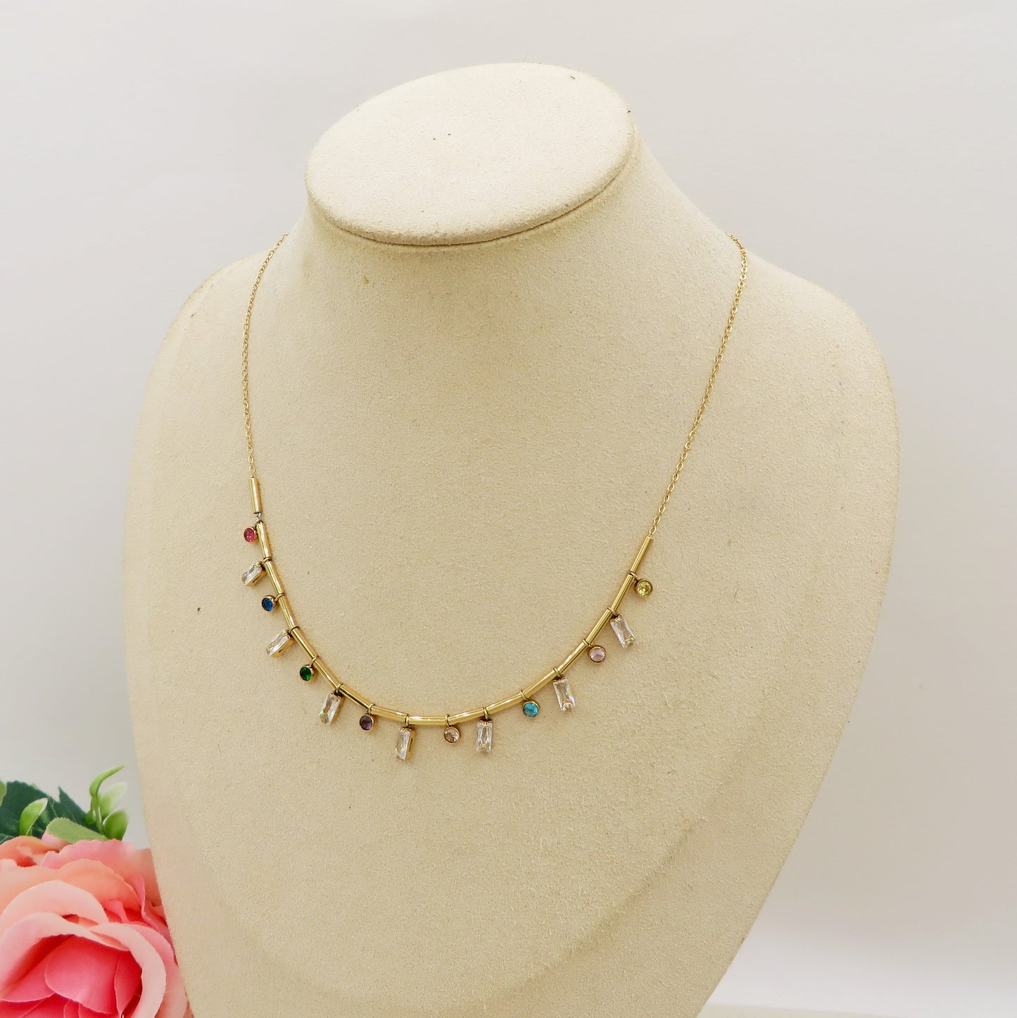 NATALIE ~ Tennis Choker doppio girocollo in ACCIAIO INOSSIDABILE con cubic zirconia taglio baguette