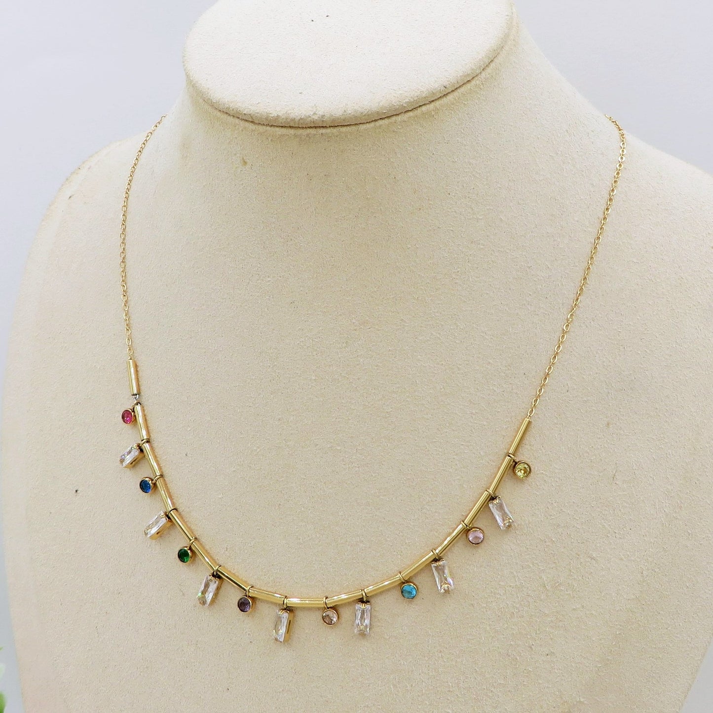 NATALIE ~ Tennis Choker doppio girocollo in ACCIAIO INOSSIDABILE con cubic zirconia taglio baguette