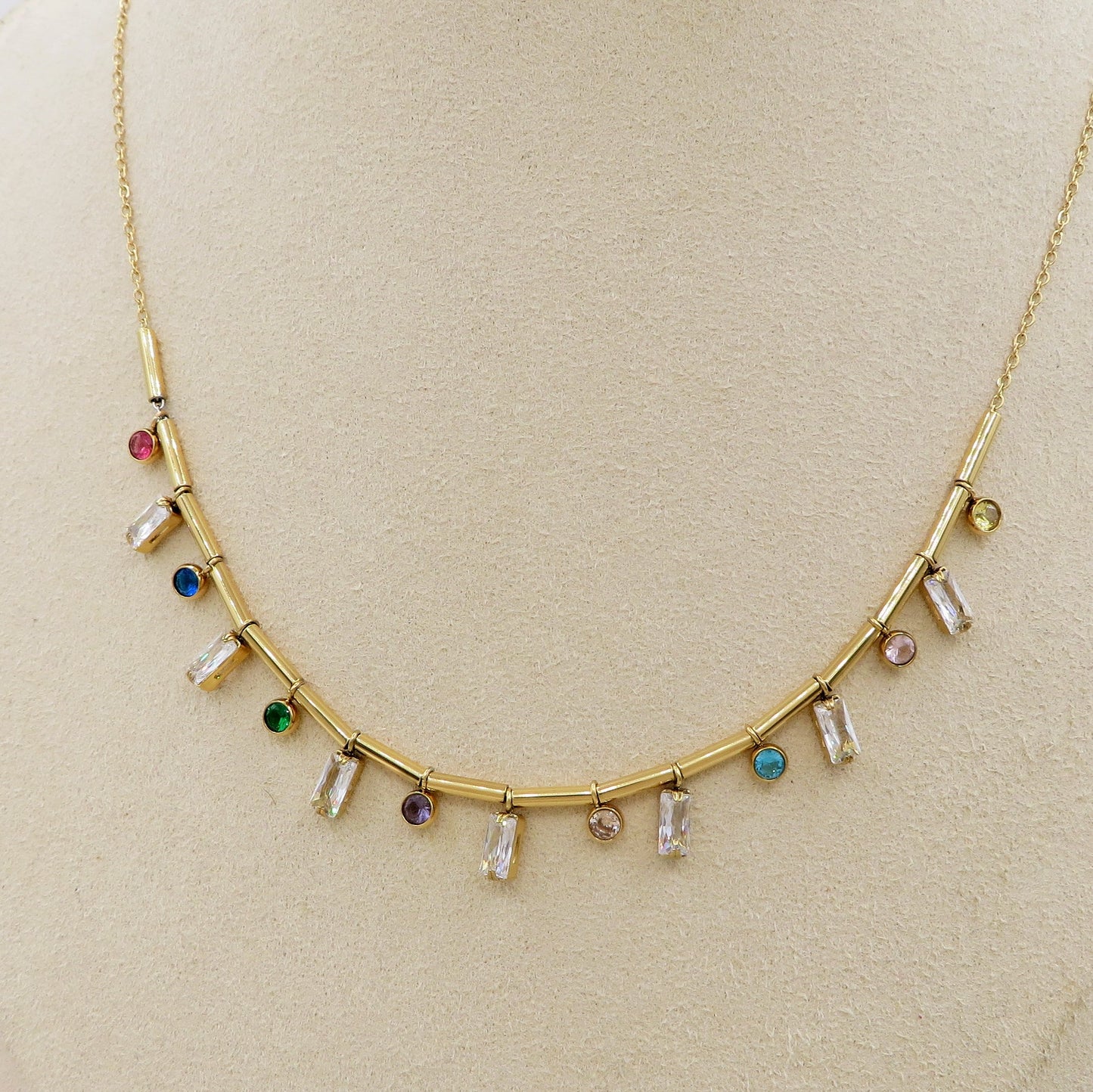 NATALIE ~ Tennis Choker doppio girocollo in ACCIAIO INOSSIDABILE con cubic zirconia taglio baguette