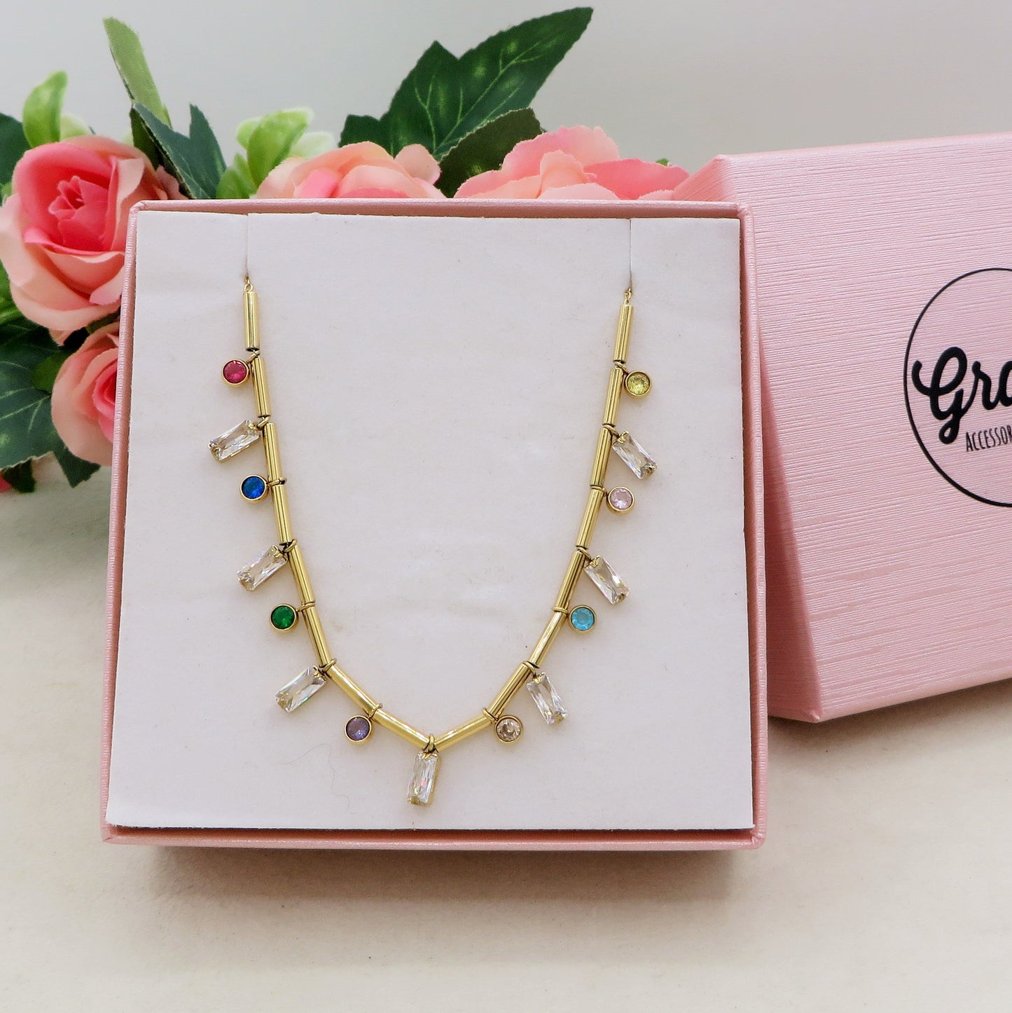 NATALIE ~ Tennis Choker doppio girocollo in ACCIAIO INOSSIDABILE con cubic zirconia taglio baguette