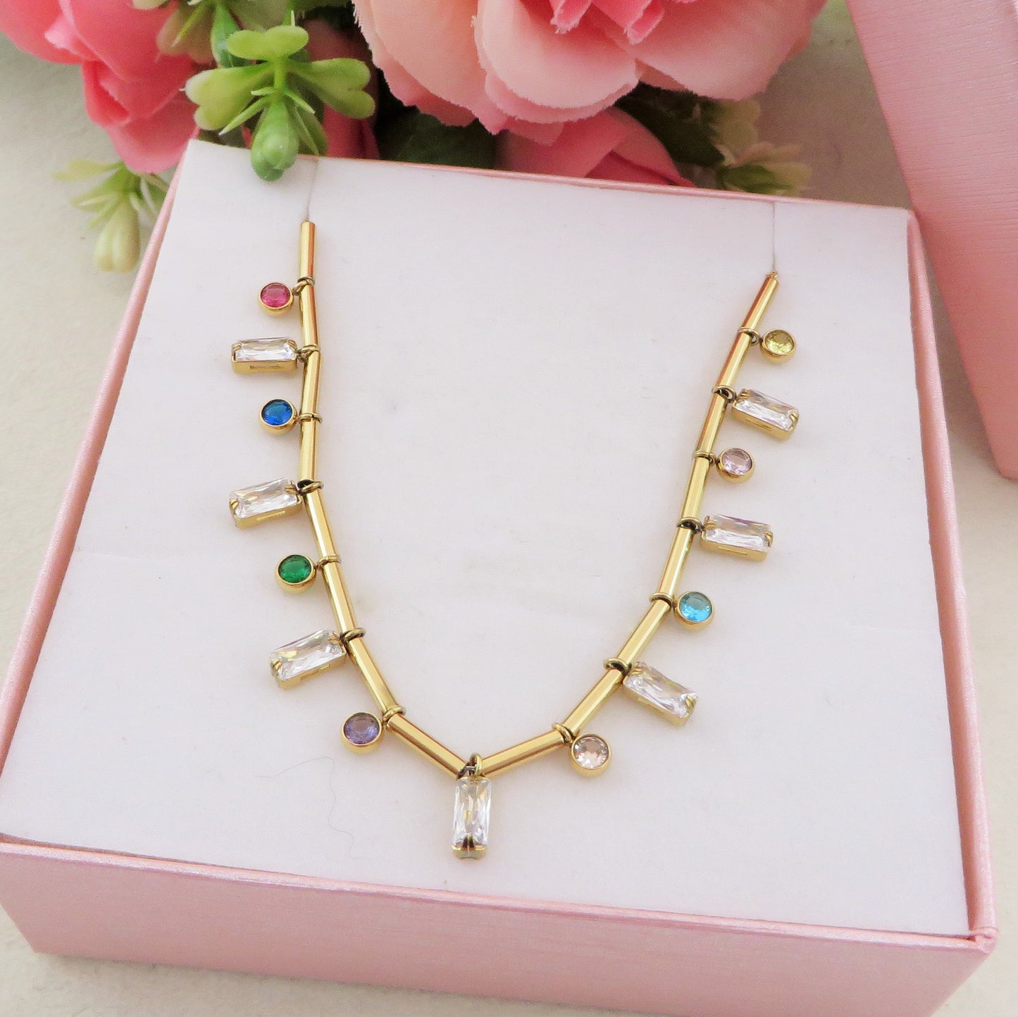 NATALIE ~ Tennis Choker doppio girocollo in ACCIAIO INOSSIDABILE con cubic zirconia taglio baguette