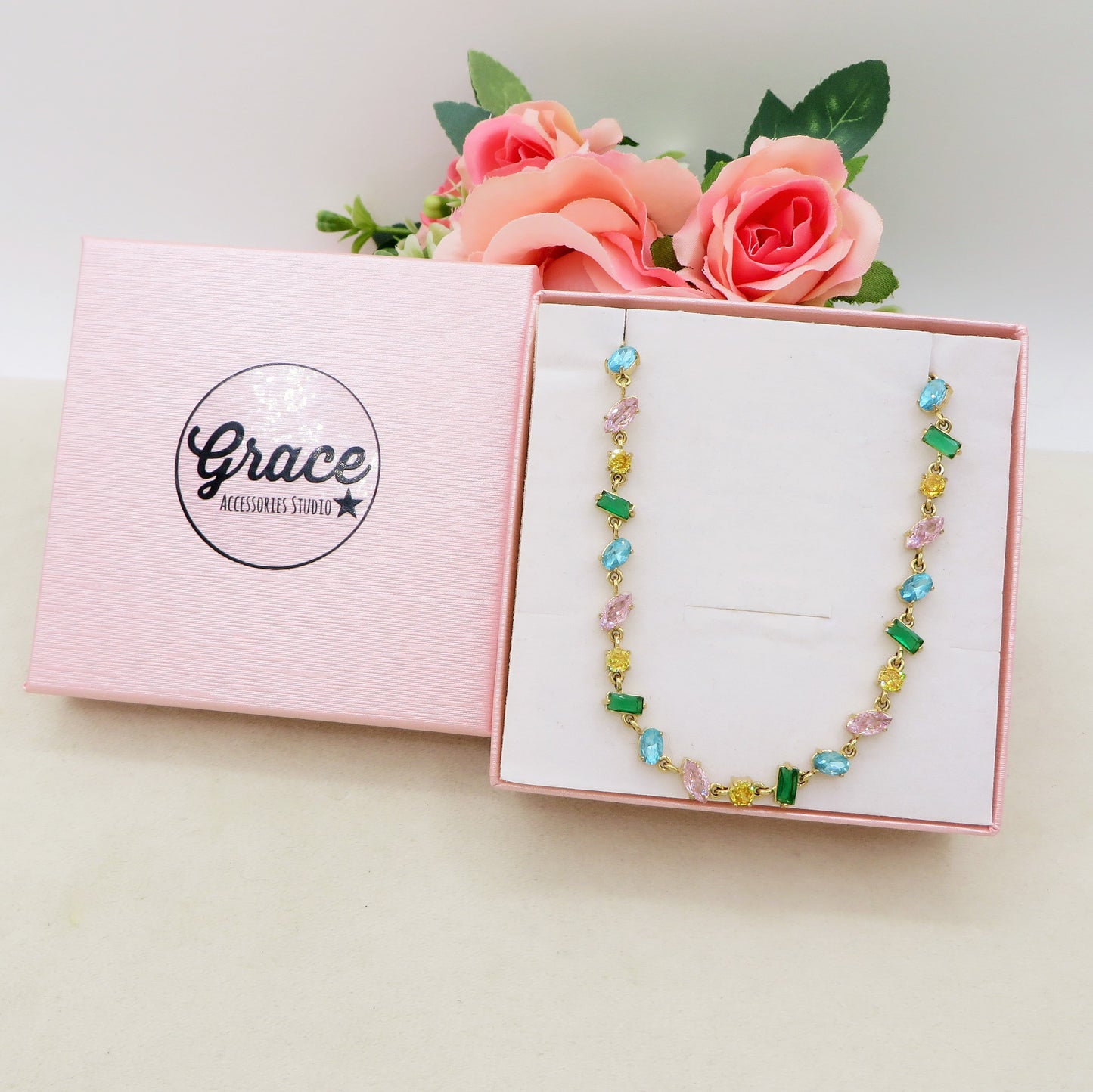 GLOWY RAINBOW ~ ACCIAIO INOSSIDABILE - Collana Tennis choker con Cubic Zirconia