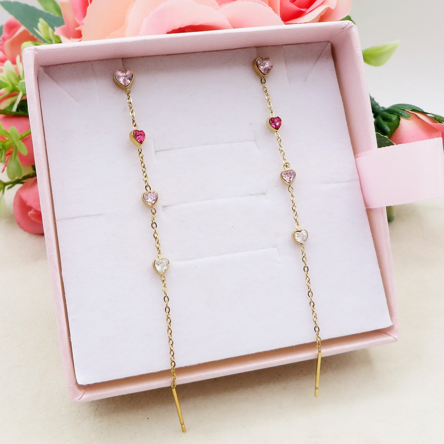 FAIRY HEART ~ paio Orecchini ACCIAIO INOSSIDABILE pendenti zirconati stile saliscendi
