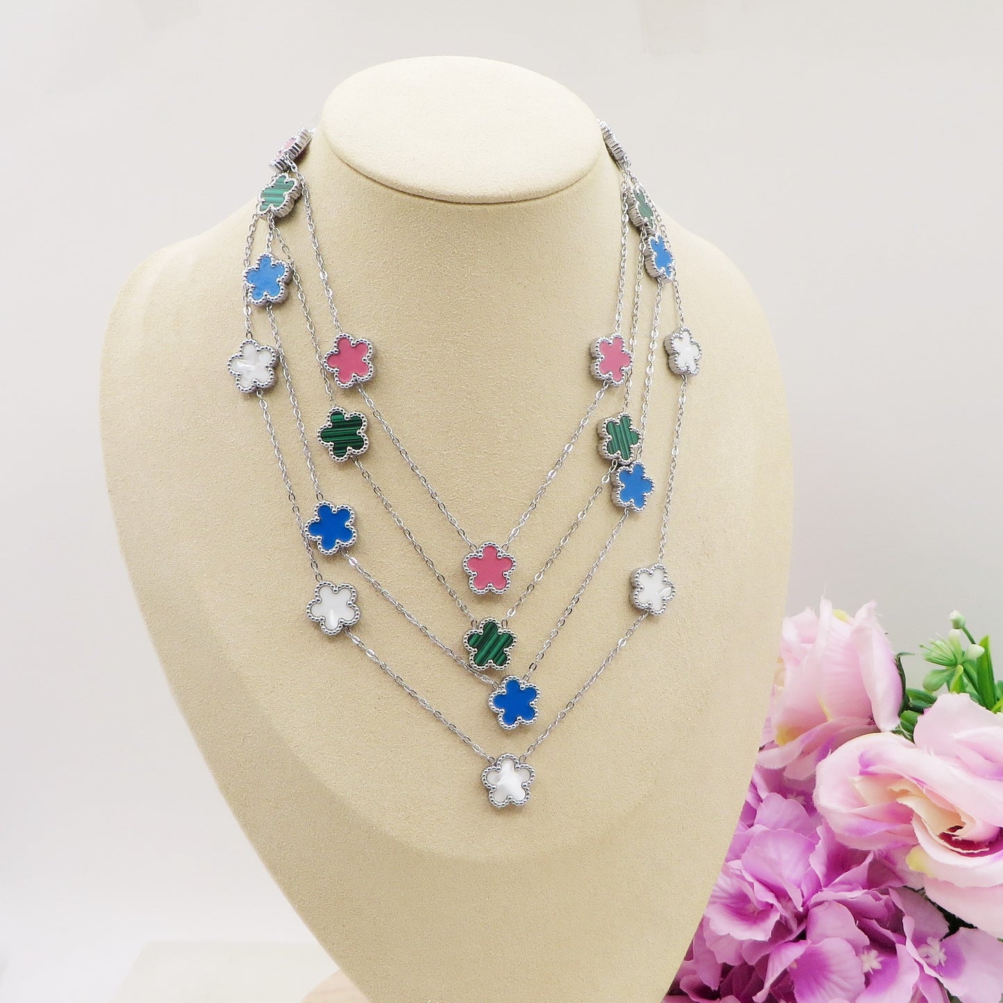 LILY  big Flowers ARGENTO 5 fiori ACCIAIO INOSSIDABILE ~ Collana fiori in madreperla