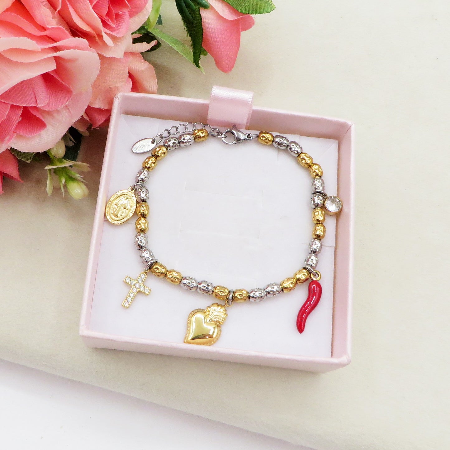 Lumière LUCKY - Bracciale con cuore sacro, corno, croce, madonnanina  IN ACCIAIO INOSSIDABILE + cubic zirconia
