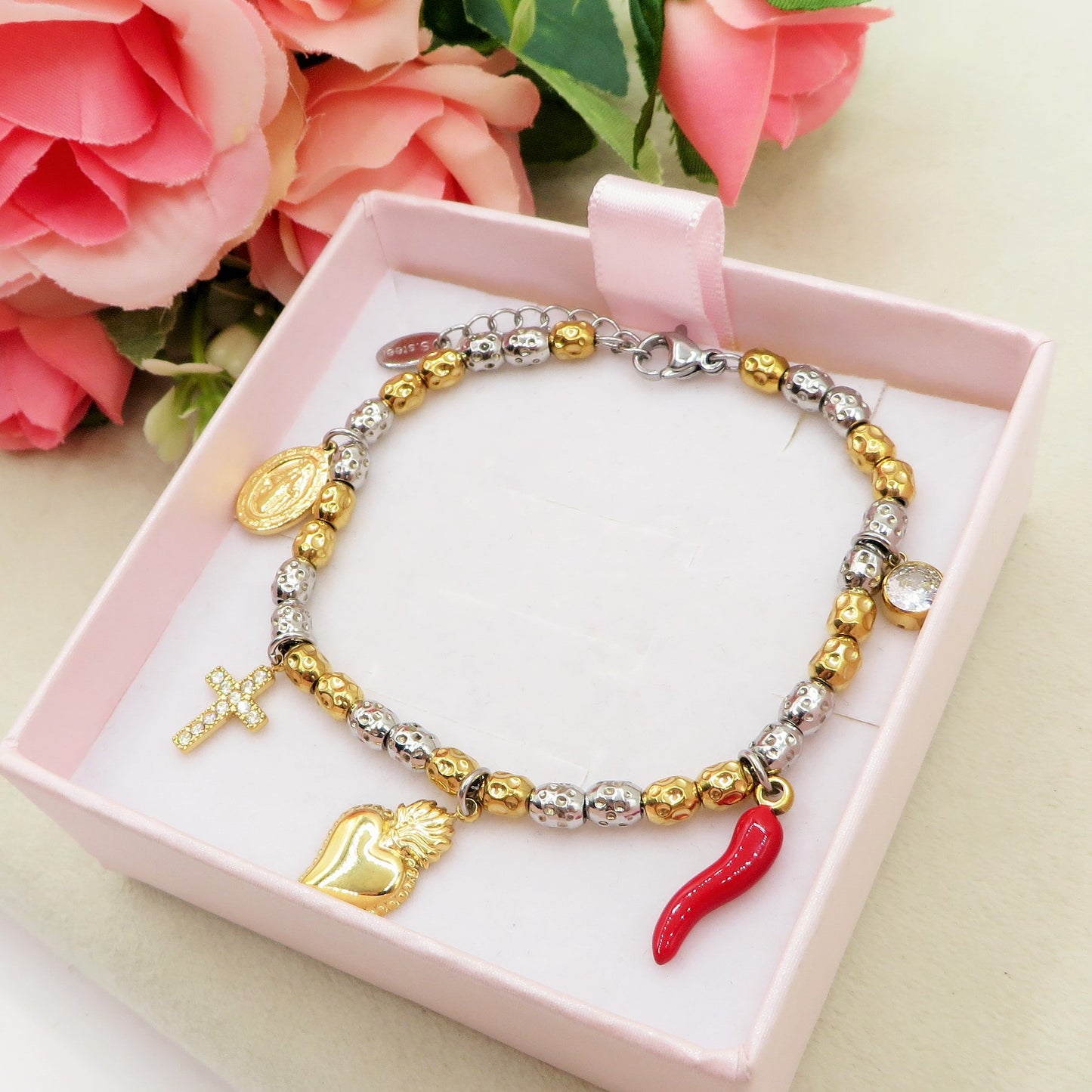 Lumière LUCKY - Bracciale con cuore sacro, corno, croce, madonnanina  IN ACCIAIO INOSSIDABILE + cubic zirconia