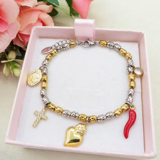 Lumière LUCKY - Bracciale con cuore sacro, corno, croce, madonnanina  IN ACCIAIO INOSSIDABILE + cubic zirconia