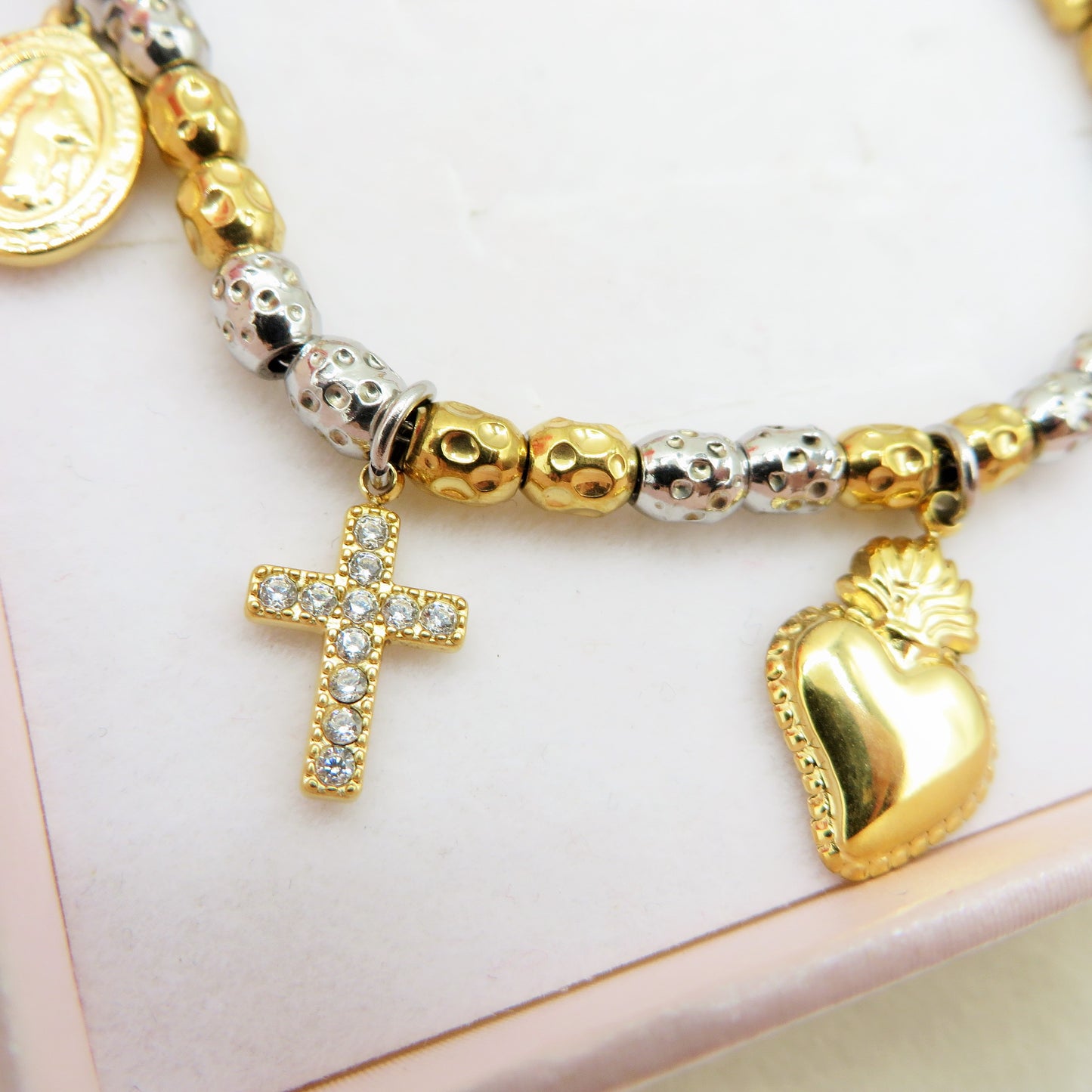 Lumière LUCKY - Bracciale con cuore sacro, corno, croce, madonnanina  IN ACCIAIO INOSSIDABILE + cubic zirconia