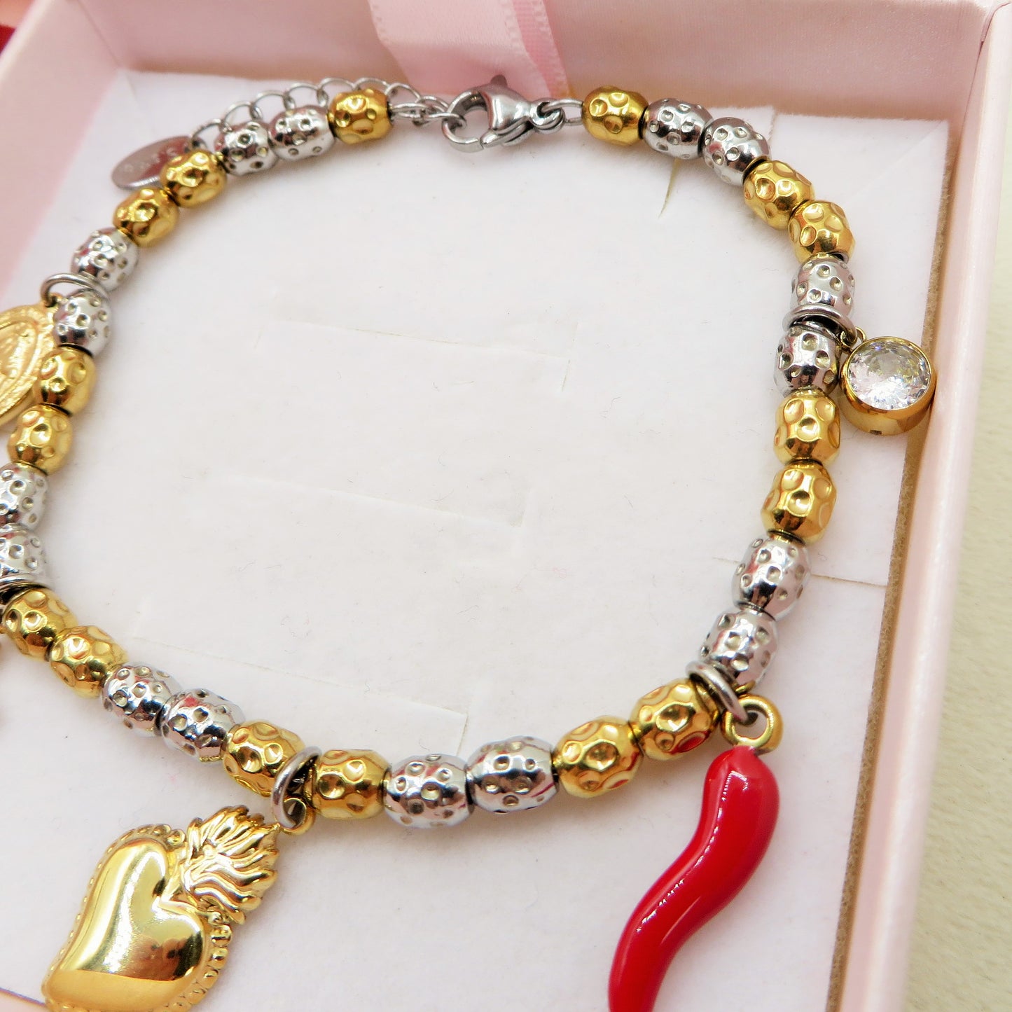 Lumière LUCKY - Bracciale con cuore sacro, corno, croce, madonnanina  IN ACCIAIO INOSSIDABILE + cubic zirconia