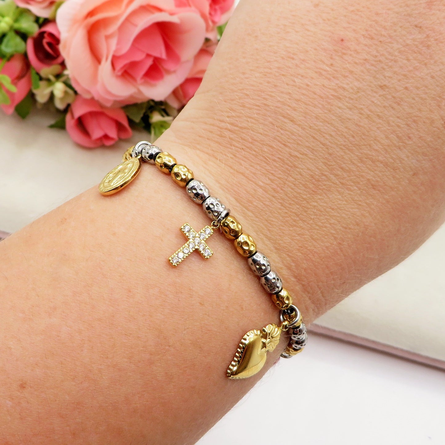 Lumière LUCKY - Bracciale con cuore sacro, corno, croce, madonnanina  IN ACCIAIO INOSSIDABILE + cubic zirconia