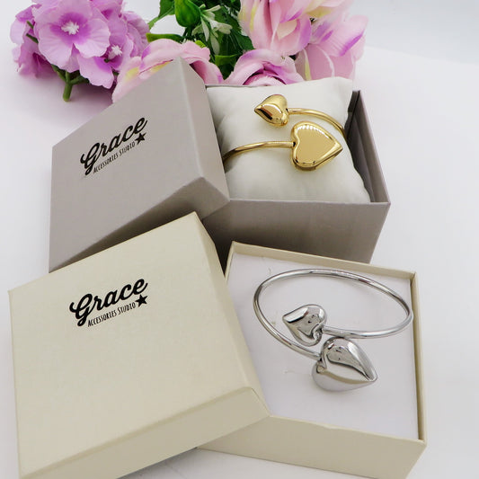 DOUBLE LOVE ~ Acciaio Inossidabile - Bracciale rigido doppia cuore bombè