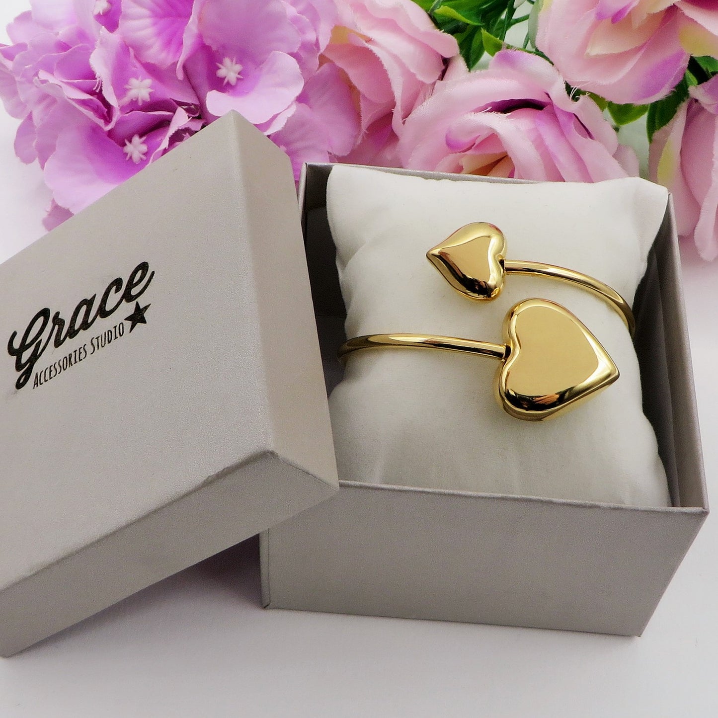 DOUBLE LOVE ~ Acciaio Inossidabile - Bracciale rigido doppia cuore bombè