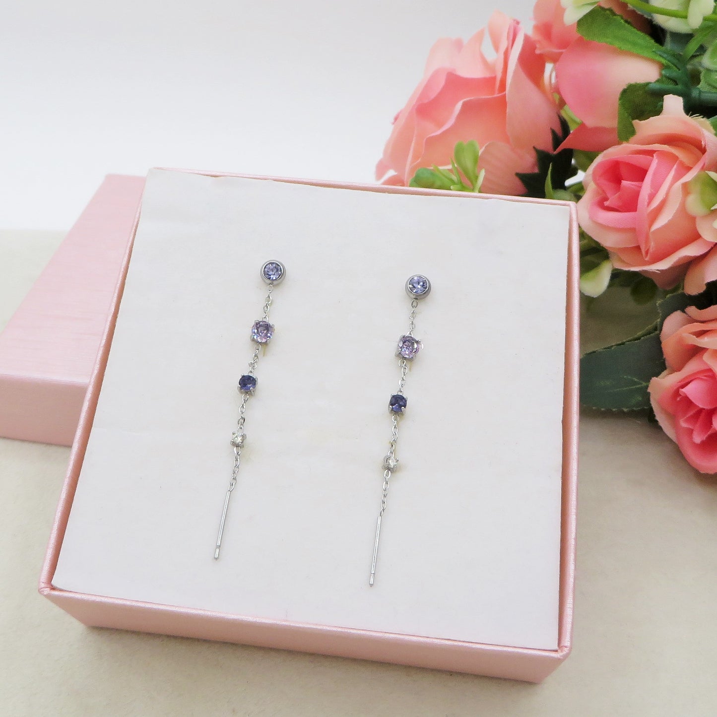 DREAMY ~ paio Orecchini ACCIAIO INOSSIDABILE pendenti zirconati stile saliscendi