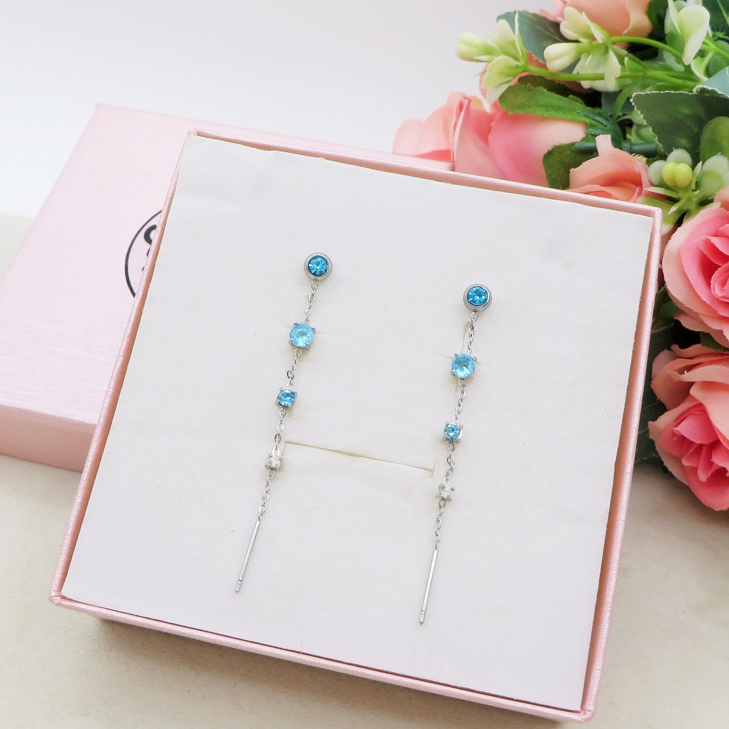 DREAMY ~ paio Orecchini ACCIAIO INOSSIDABILE pendenti zirconati stile saliscendi