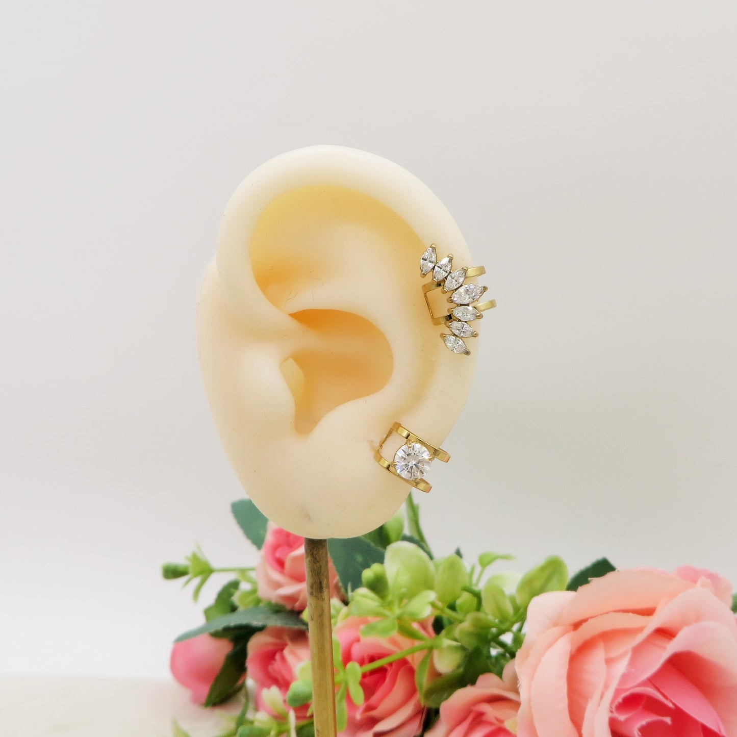 MARQUISE SET 2 EARCUFF ~ ACCIAIO Inossidabile set 2 orecchini SENZA FORI con cubic zirconia