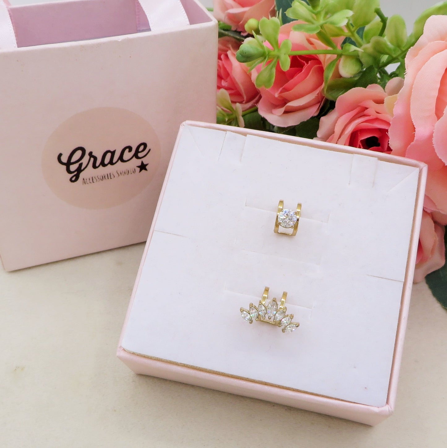 MARQUISE SET 2 EARCUFF ~ ACCIAIO Inossidabile set 2 orecchini SENZA FORI con cubic zirconia